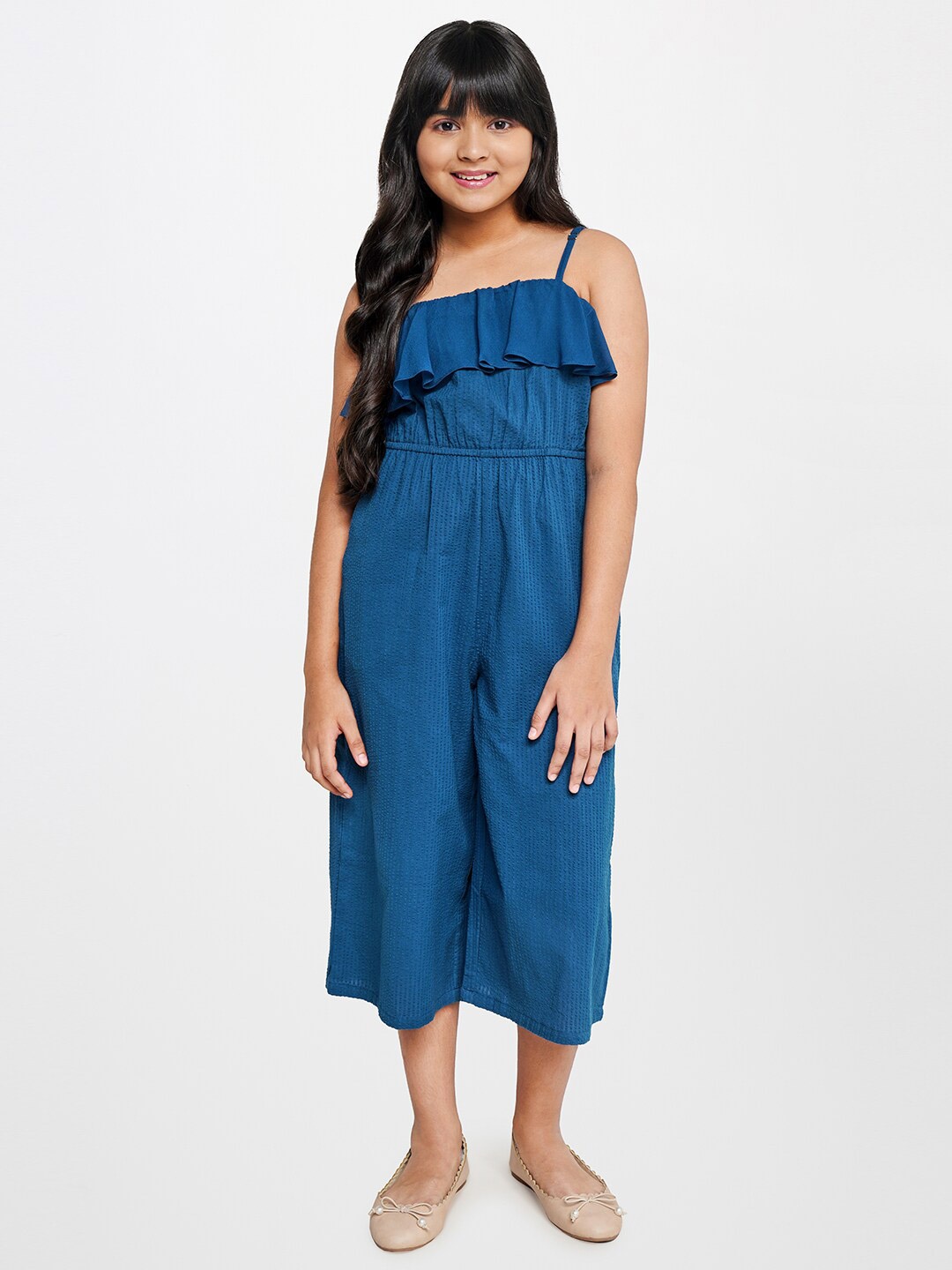 

AND Girls Shoulder Straps Ruffled Capri Jumpsuit, Teal