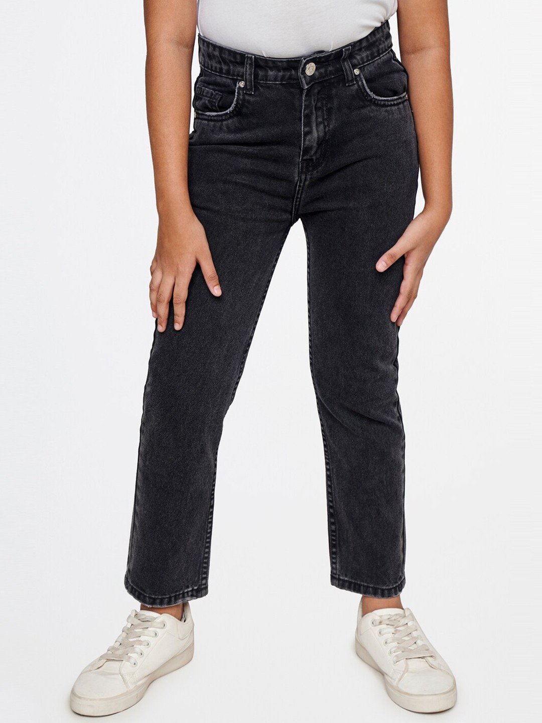 

AND Girls Mid-Rise Pure Cotton Jeans, Charcoal