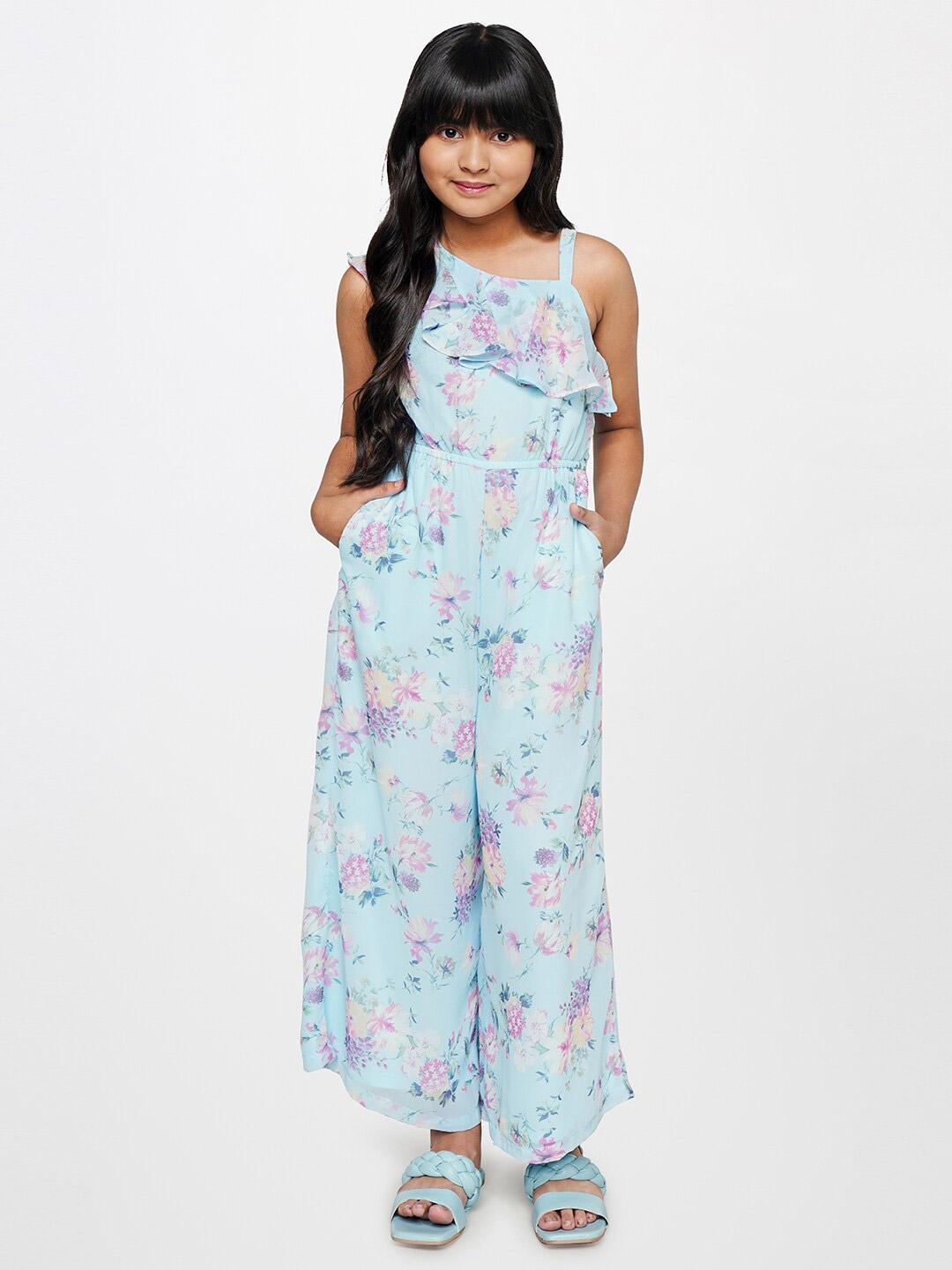 

AND Girls Printed One Shoulder Ruffled Basic Jumpsuit, Blue