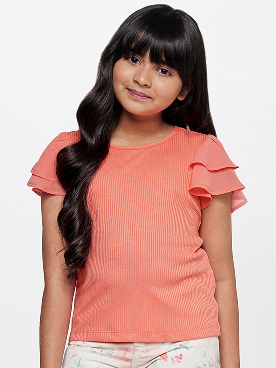 

AND Girls Round Neck Flutter Sleeves Top, Orange