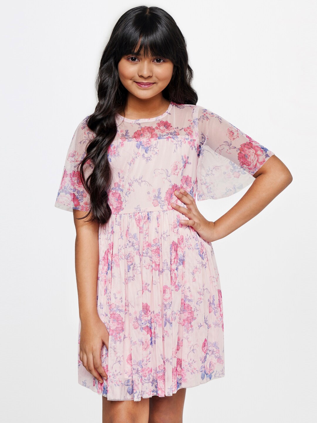 

AND Girls Floral Printed Flared Sleeves Fit & Flare Dress, Pink