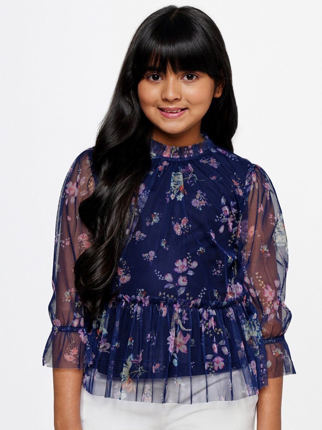 

AND Girls Floral Print Peplum Top, Navy blue