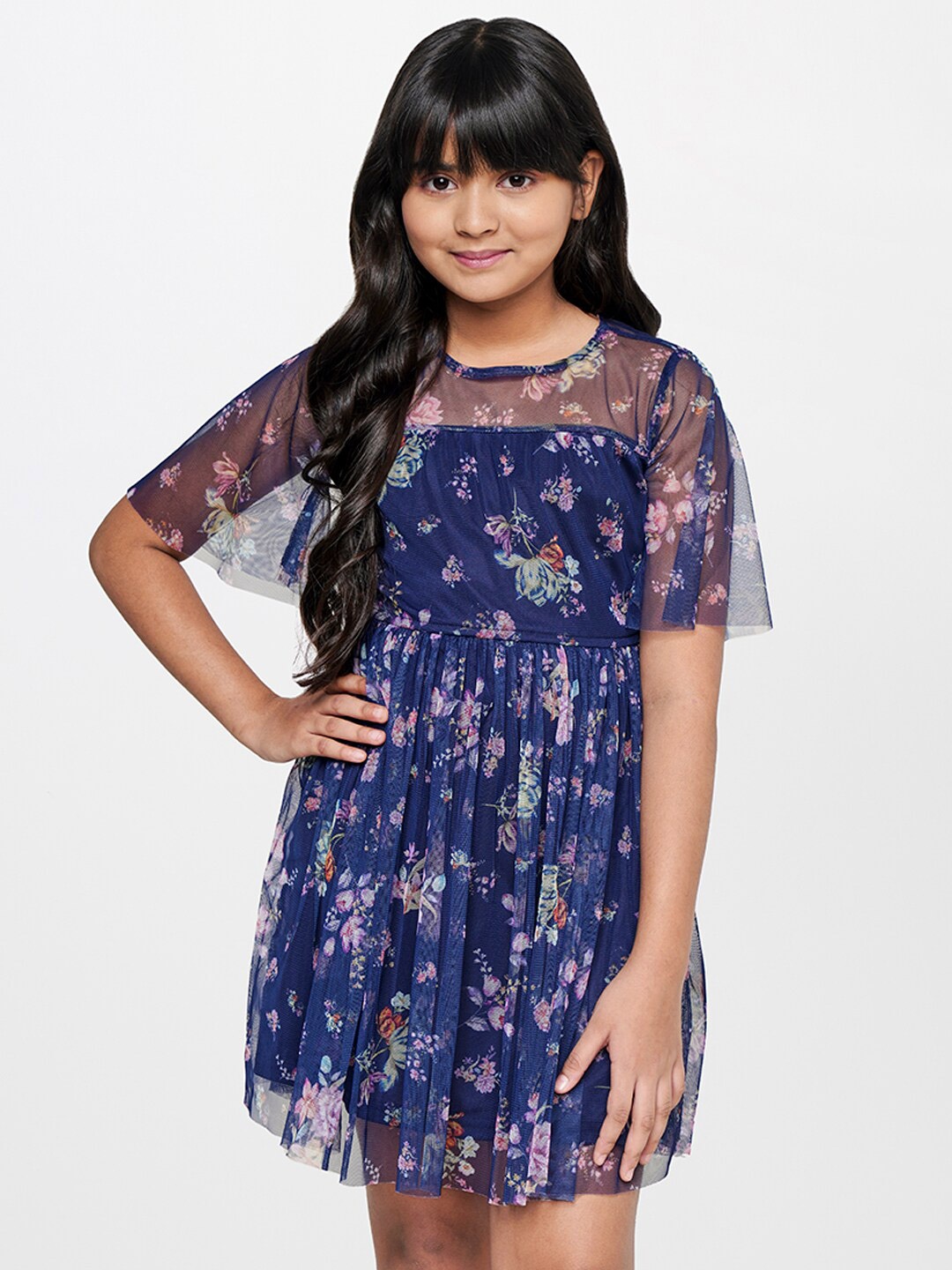 

AND Girls Flared Sleeves Floral A-Line Dress, Navy blue