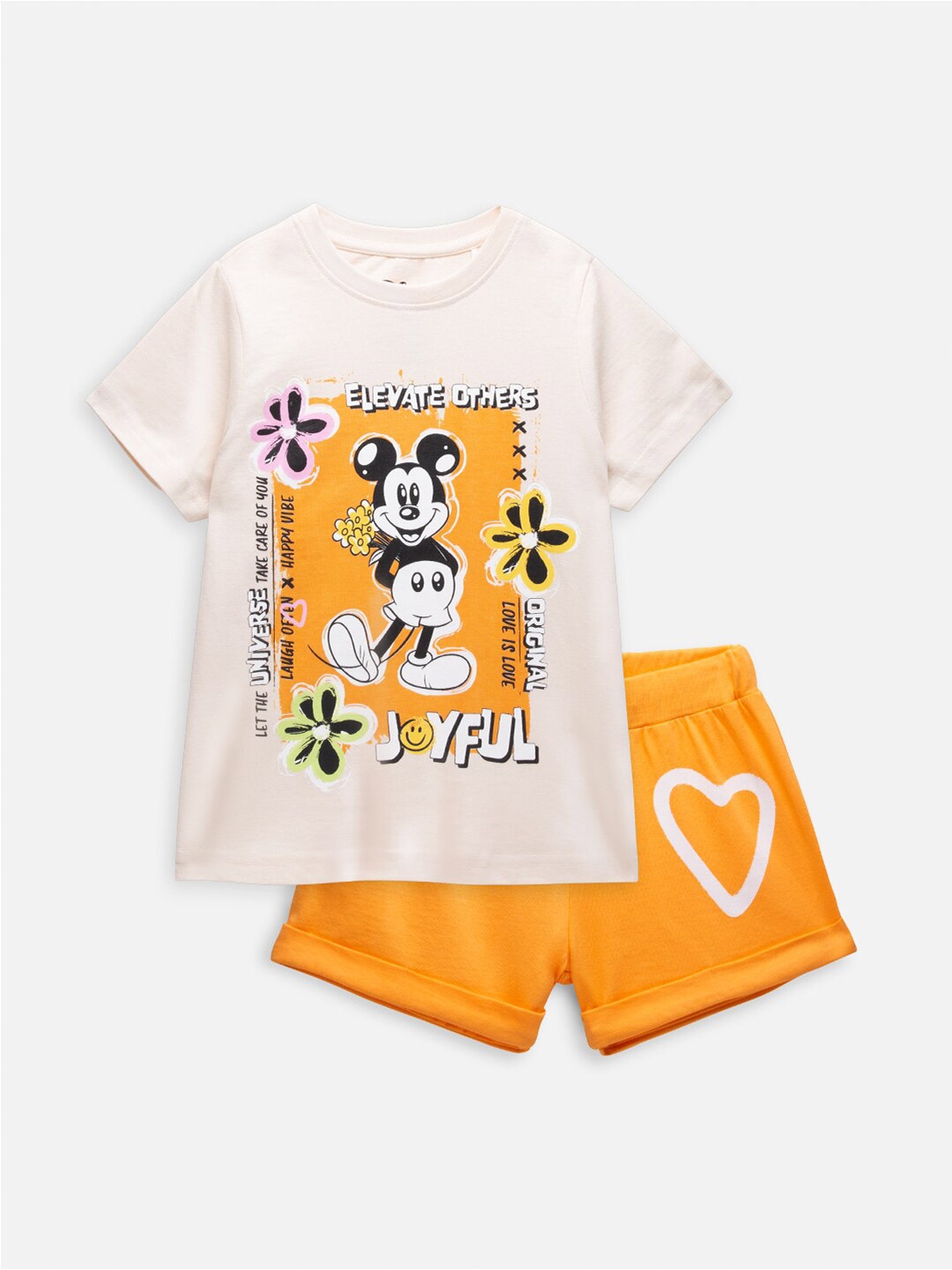 

Nap Chief Girls Mickey Mouse Disney Printed T-shirt With Shorts, Off white