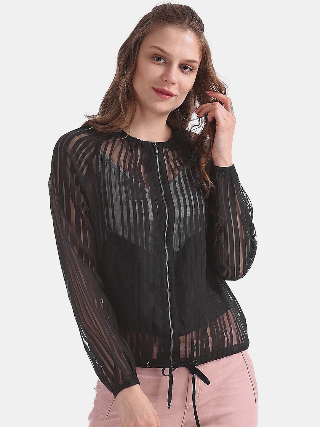 

V-Mart Women Black Striped Lightweight Crop Outdoor Tailored Jacket