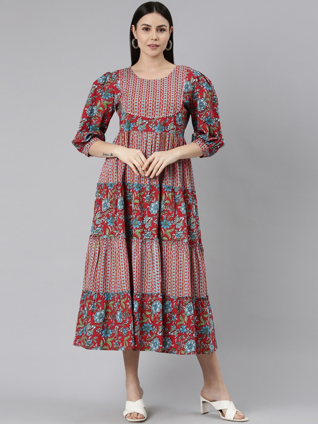 

ERISHA Women Floral Printed Cotton Puff Sleeves Anarkali Kurta, Maroon