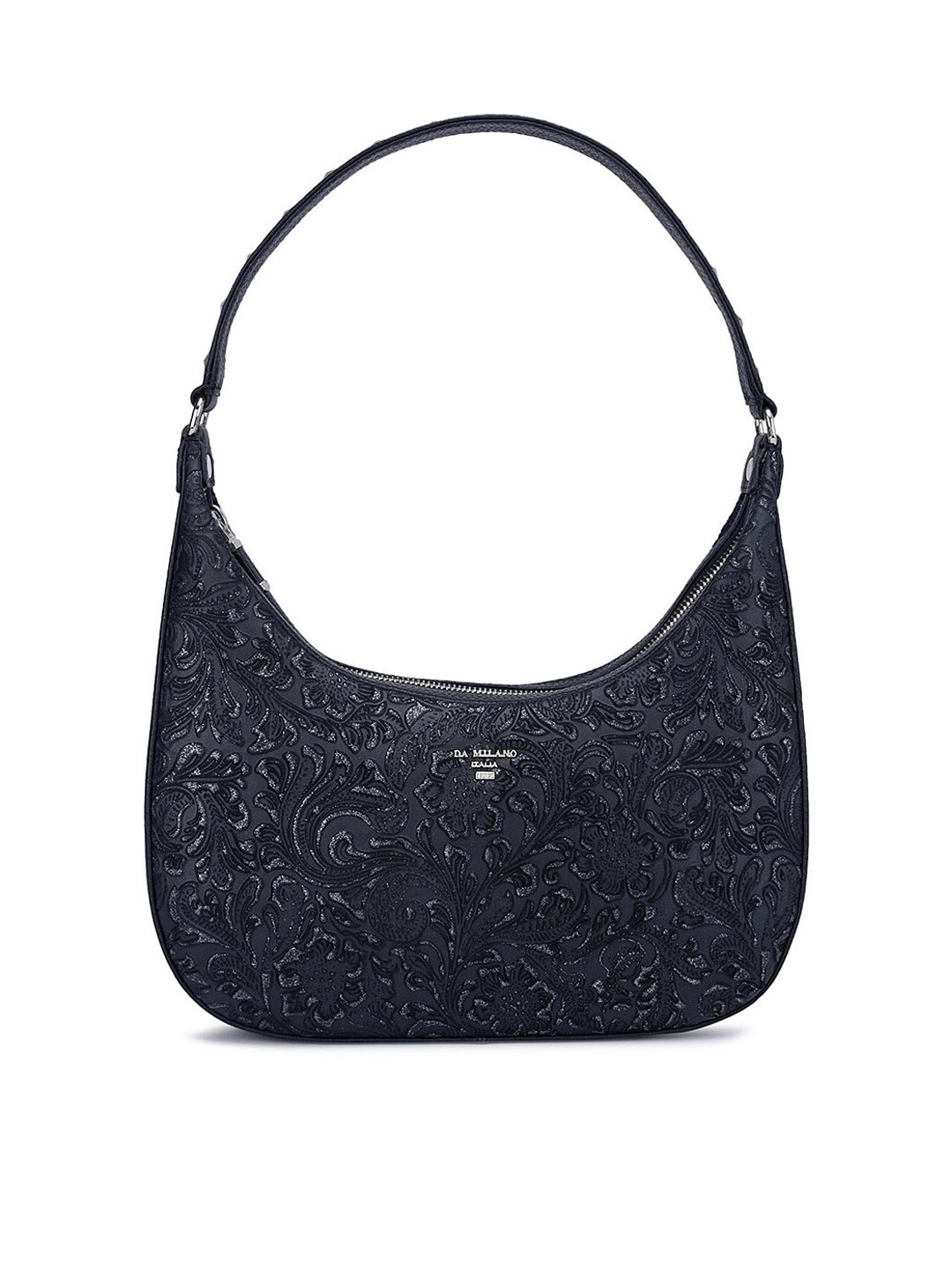 

Da Milano Floral Printed Leather Half Moon Hobo Bag, Black