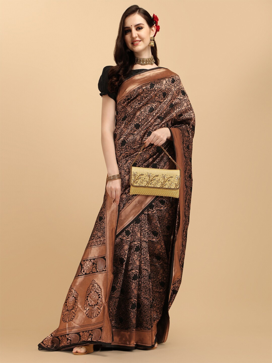 

Ethnic Junction Floral Woven Design Zari Banarasi Saree, Black