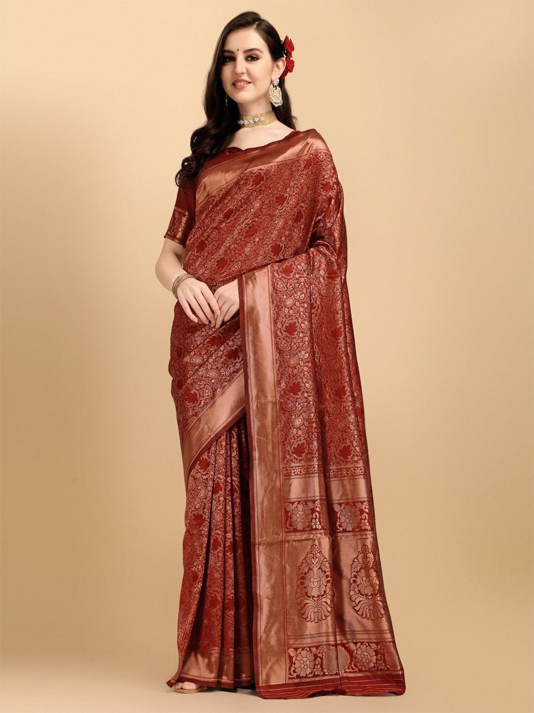 

Ethnic Junction Floral Woven Design Zari Banarasi Saree, Maroon