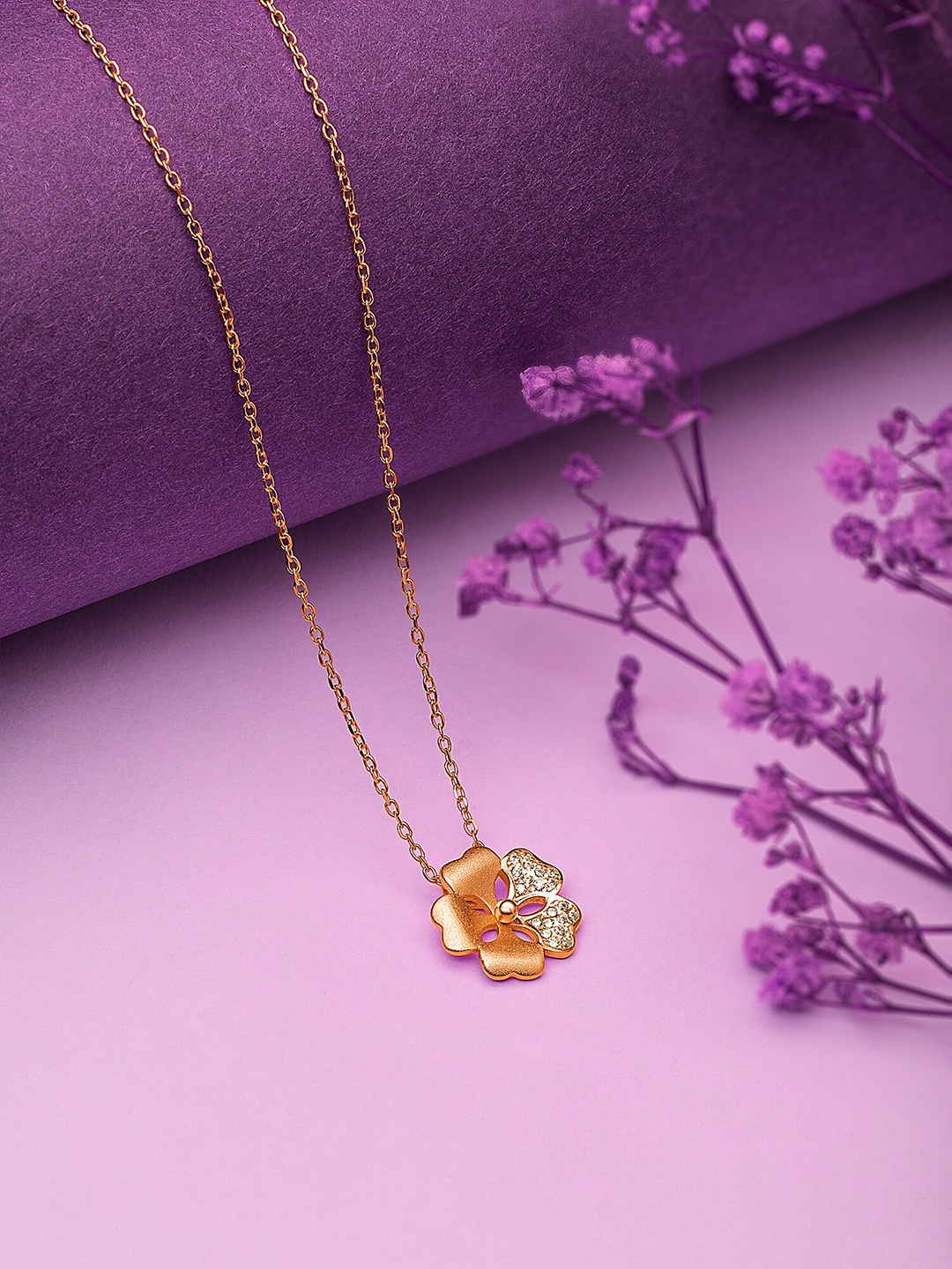

SILBERRY Rose Gold-Plated CZ Studded Floral Pendant With Chain
