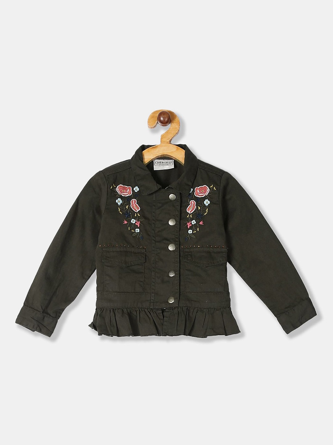 

V-Mart Girls Floral Lightweight Outdoor Cotton Tailored Jacket, Green