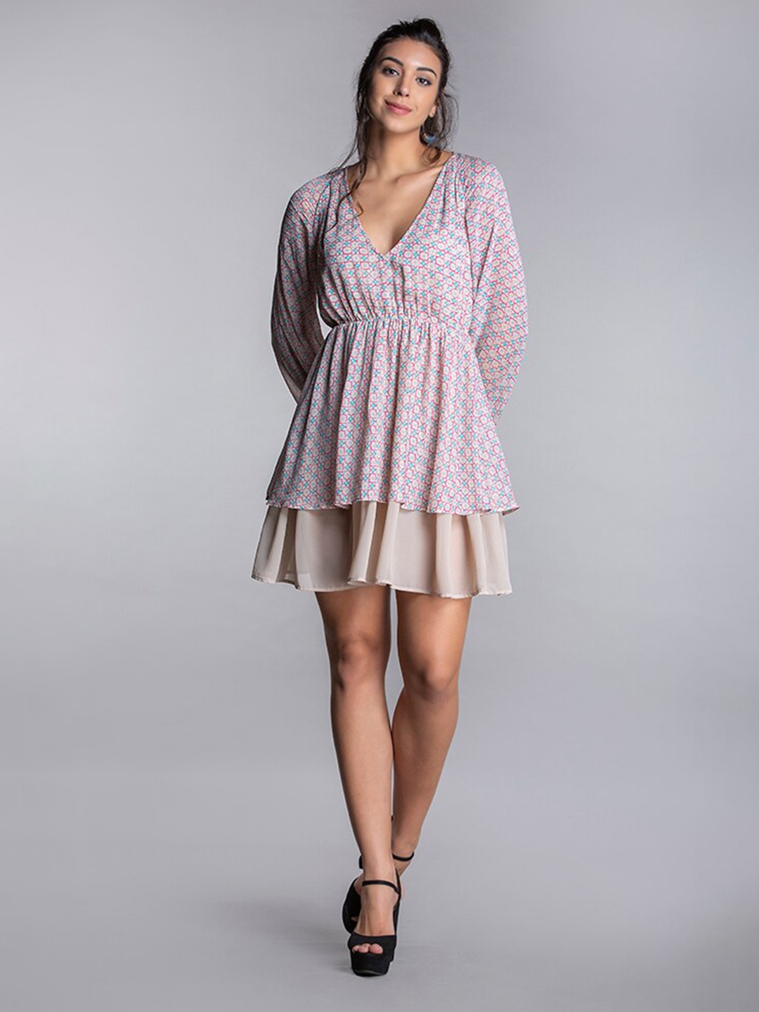 

MKOAL V-Neck Floral Georgette Dress, Rose gold