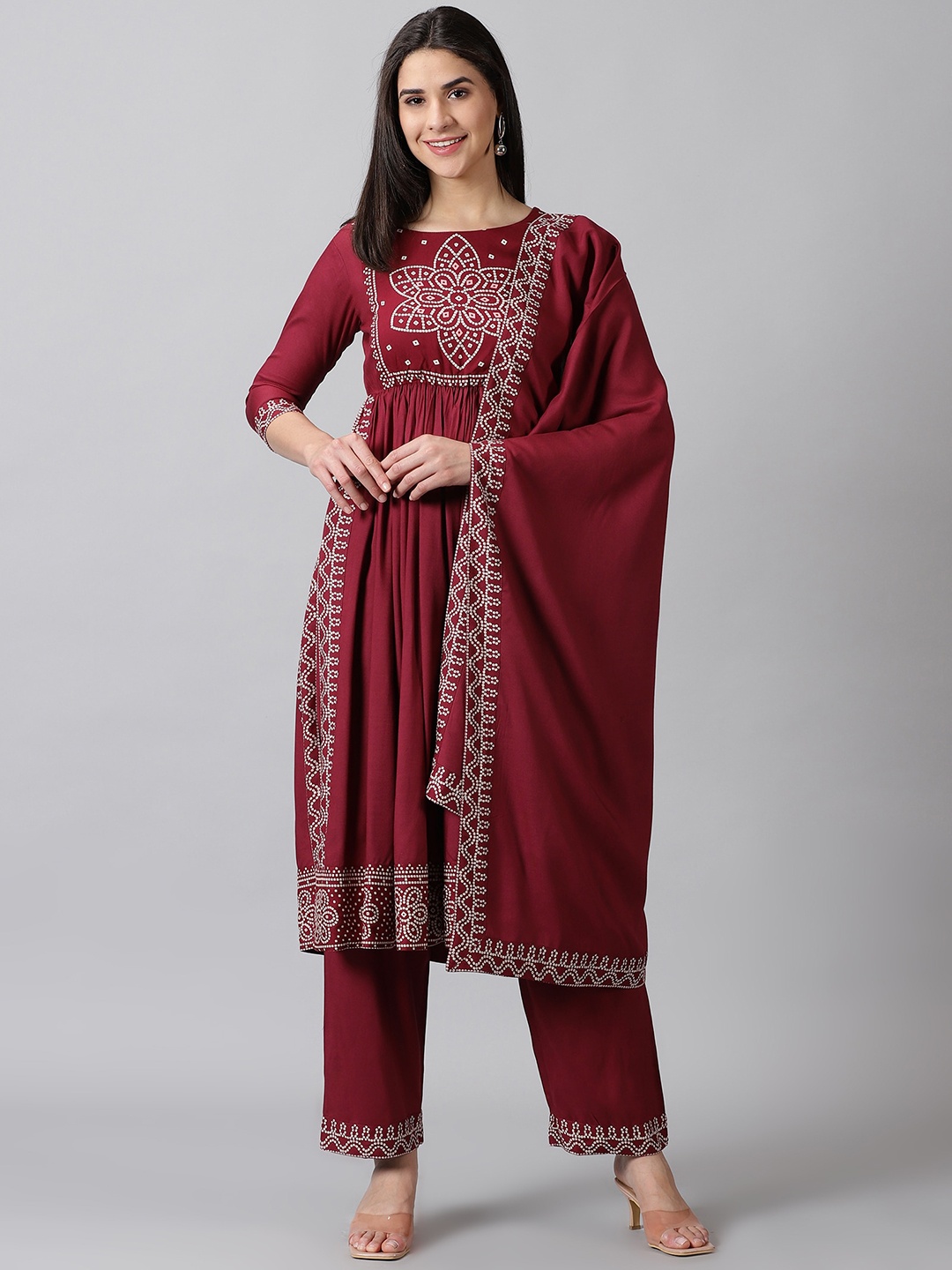 

PURSHOTTAM WALA Bandhani Printed Anarkali Kurta with Trousers & Dupatta, Maroon