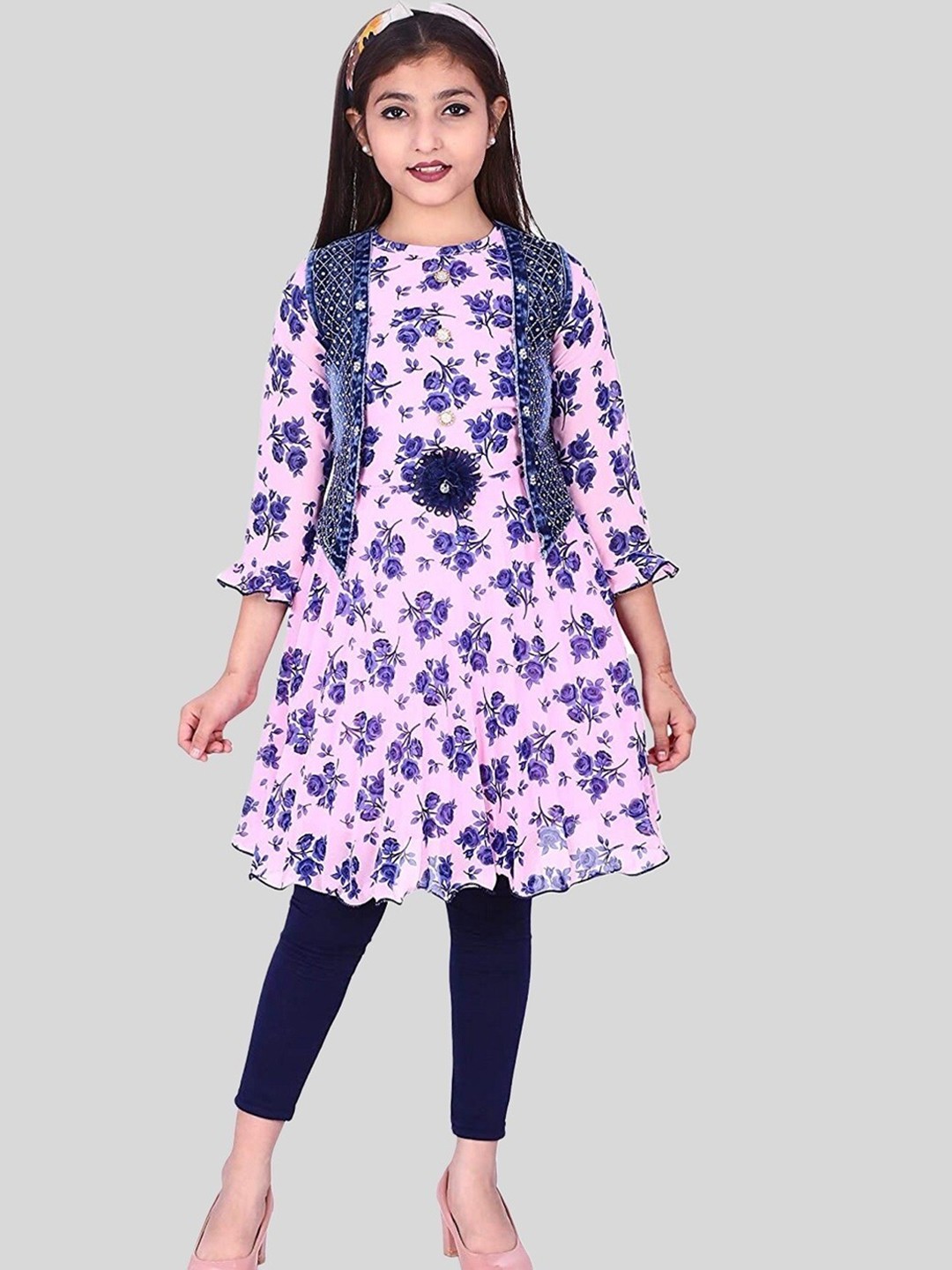 

Elendra jeans Girls Floral Printed A-Line Georgette Kurta With Leggings & Jacket, Pink