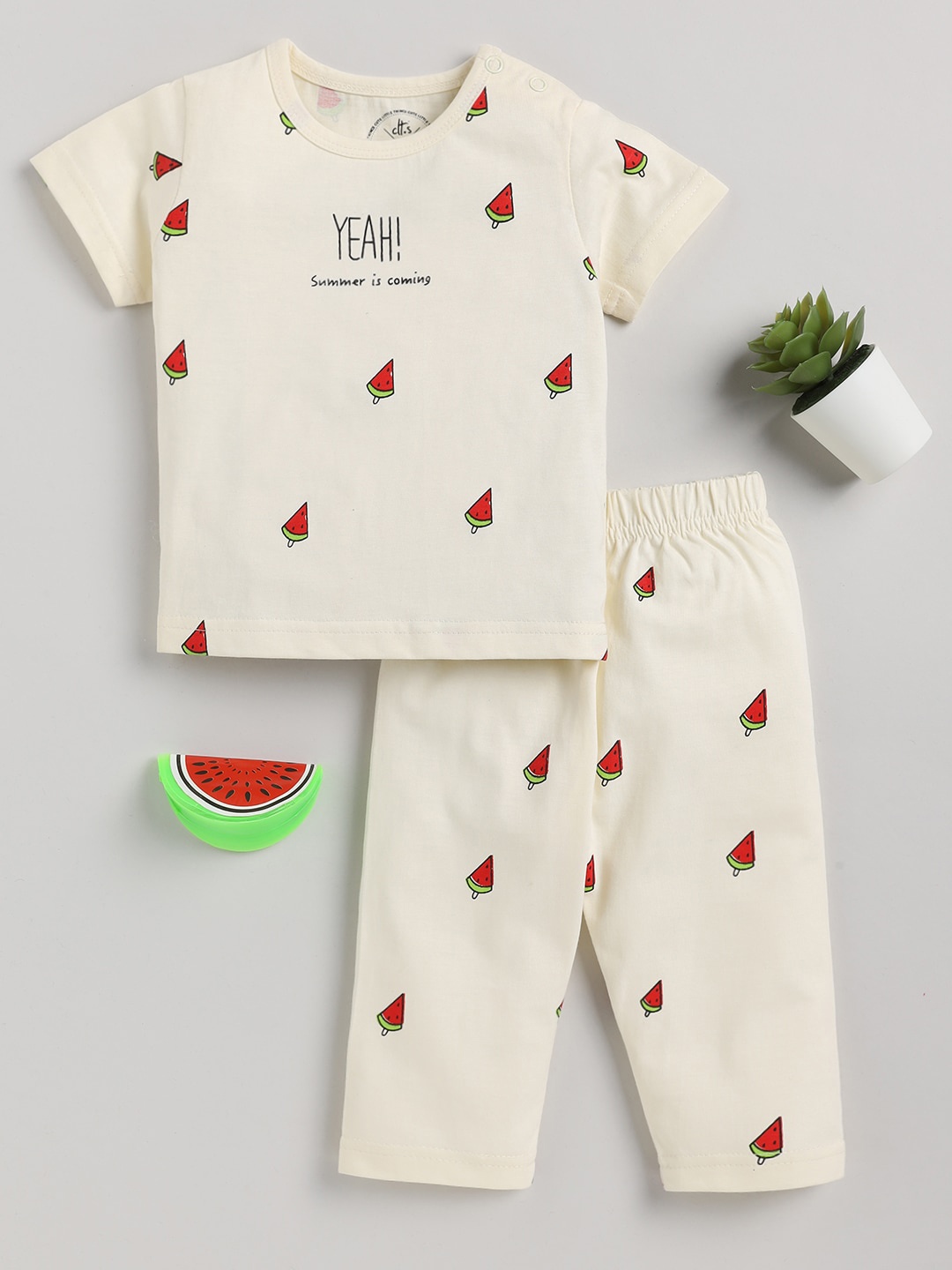 

Clt.s Kids Conversational Printed Pure Cotton Night Suit, Cream
