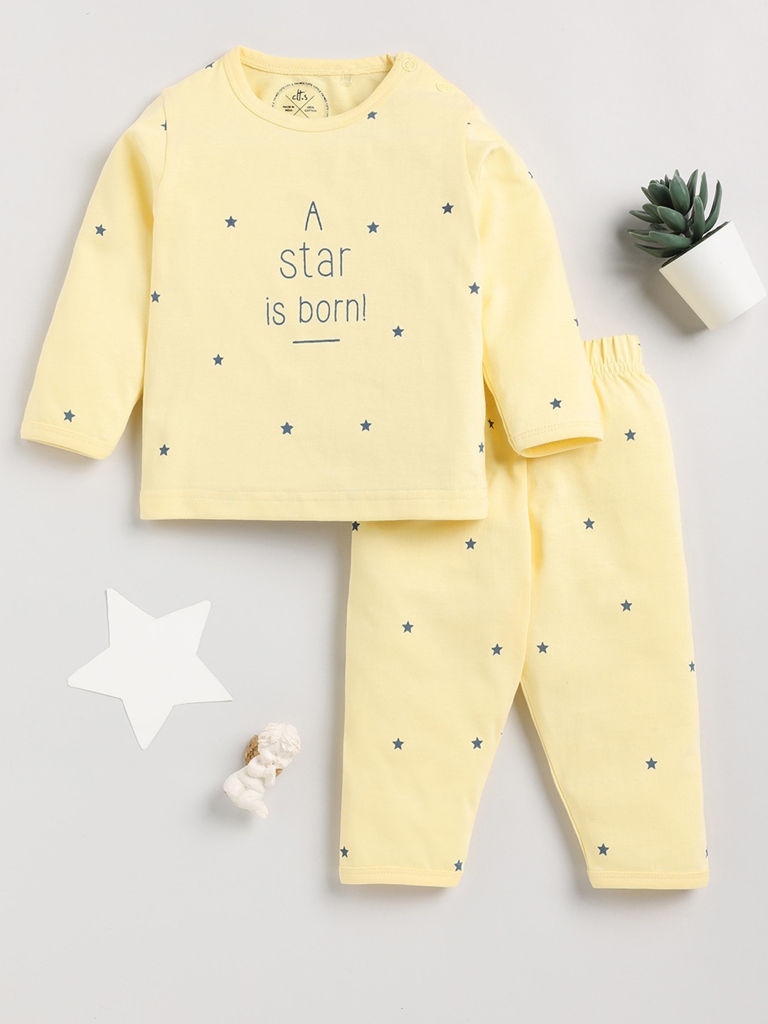 

Clt.s Kids Typography Printed Pure Cotton Night Suit, Yellow