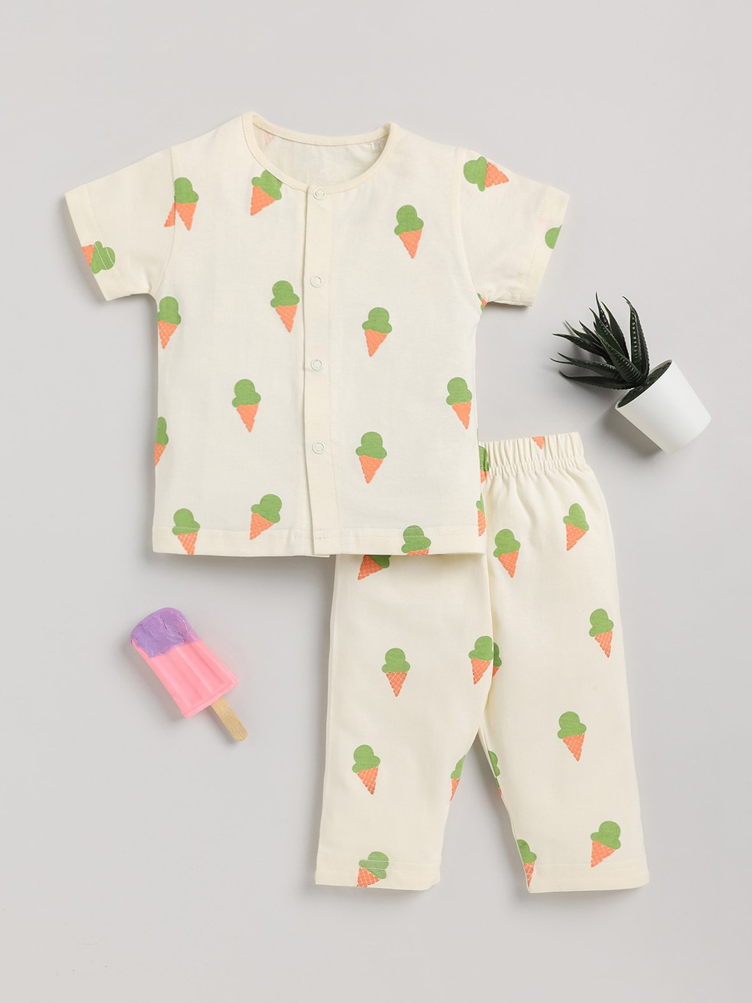 

Clt.s Kids Conversational Printed Pure Cotton Night Suit, Cream