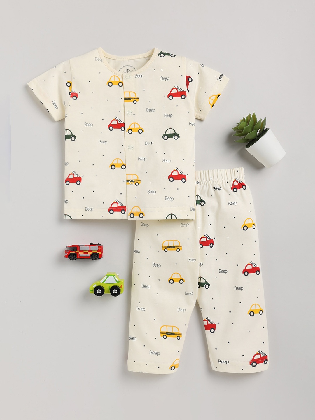 

Clt.s Infants Conversational Printed Pure Cotton Night Suit, Cream