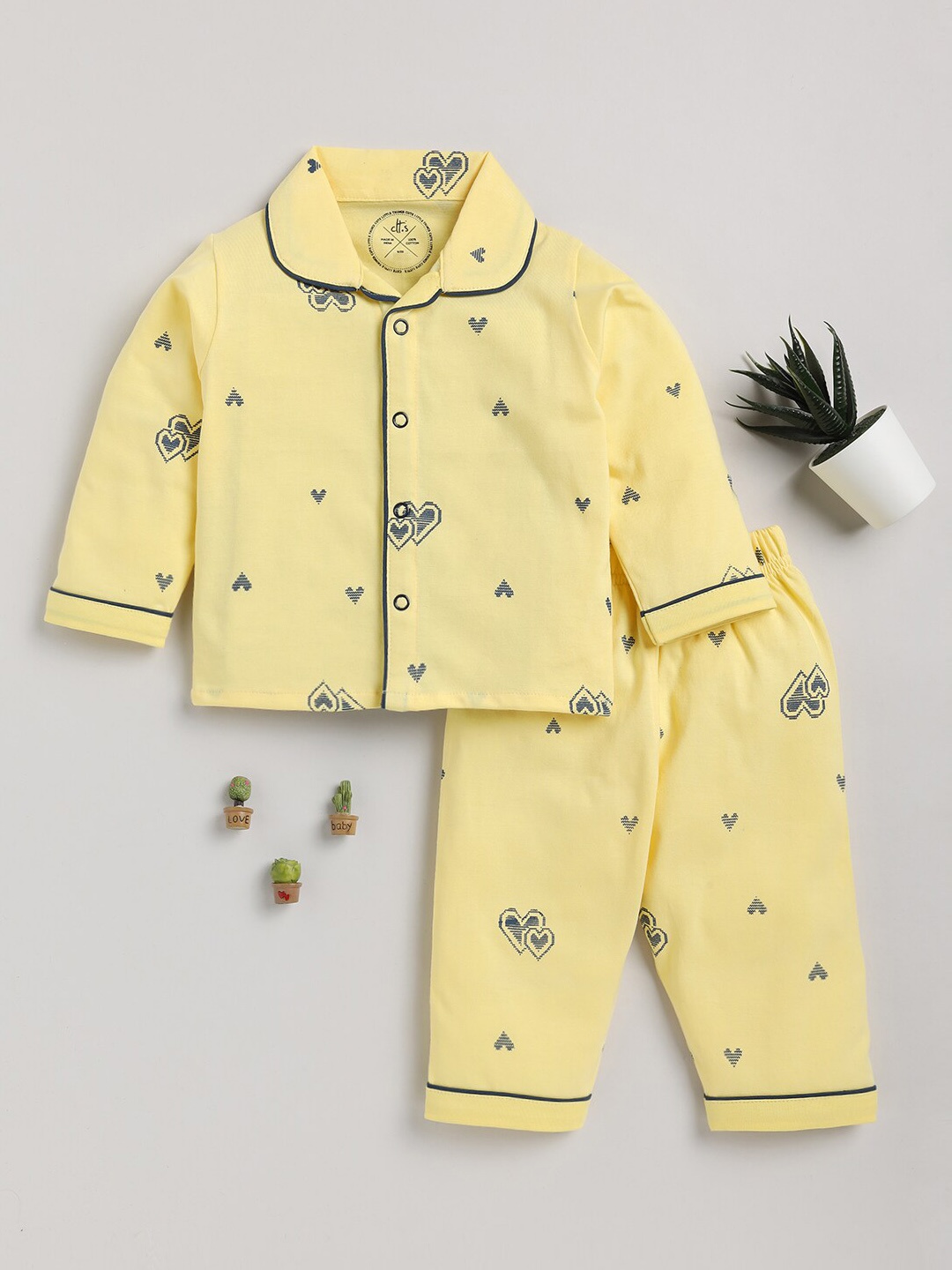 

Clt.s Kids Conversational Printed Pure Cotton Night Suit, Yellow