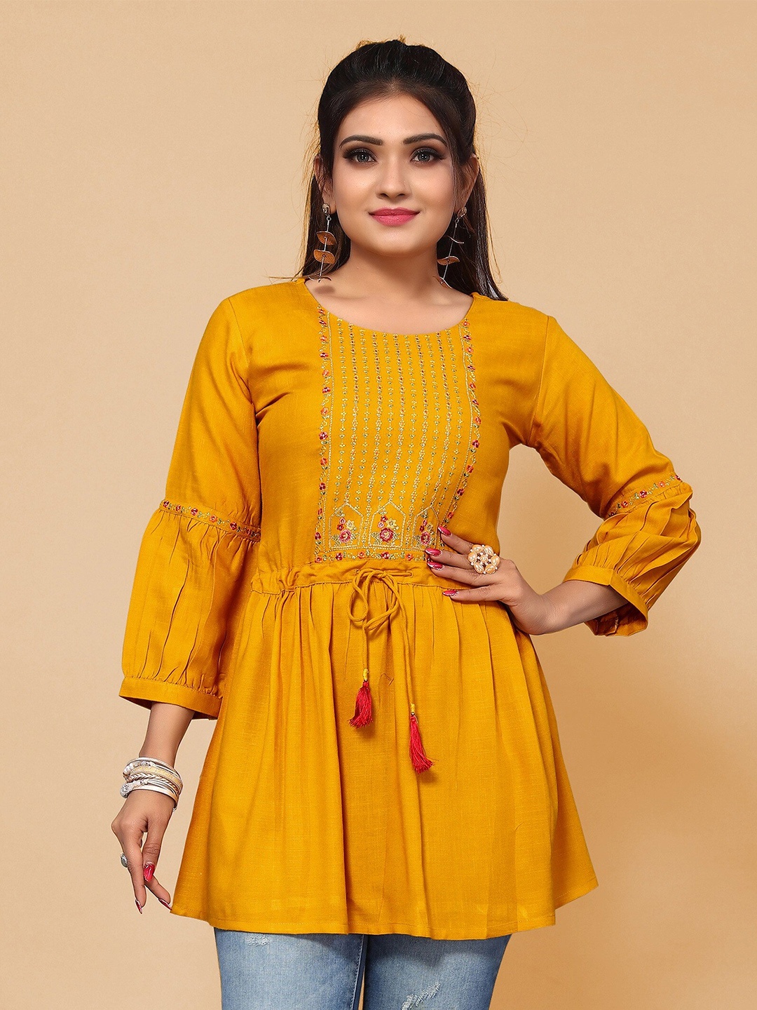 

KALINI Tie-Up Detail Floral Embroidered Tunic, Mustard
