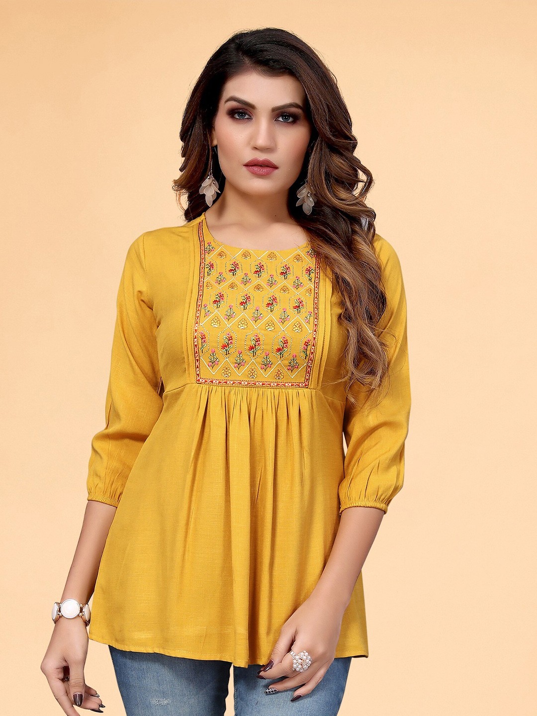 

KALINI Floral Embroidered Puff Sleeves A-Line Top, Mustard