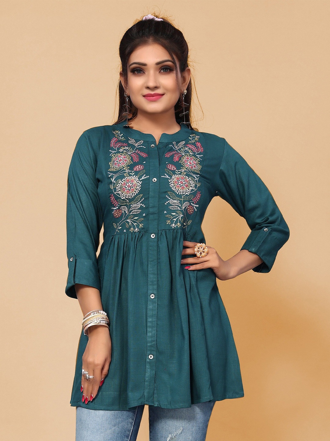 

KALINI Floral Embroidered Mandarin Collar A-Line Top, Blue