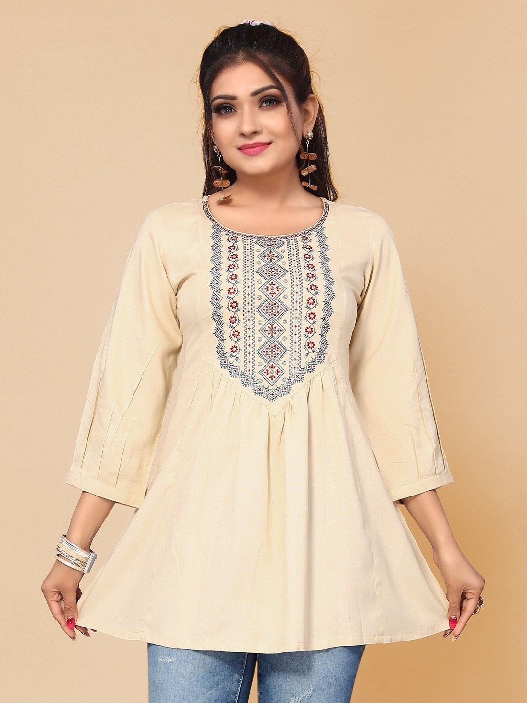 

KALINI Ethnic Motifs Embroidered Round Neck Puff Sleeves Tunics, Cream