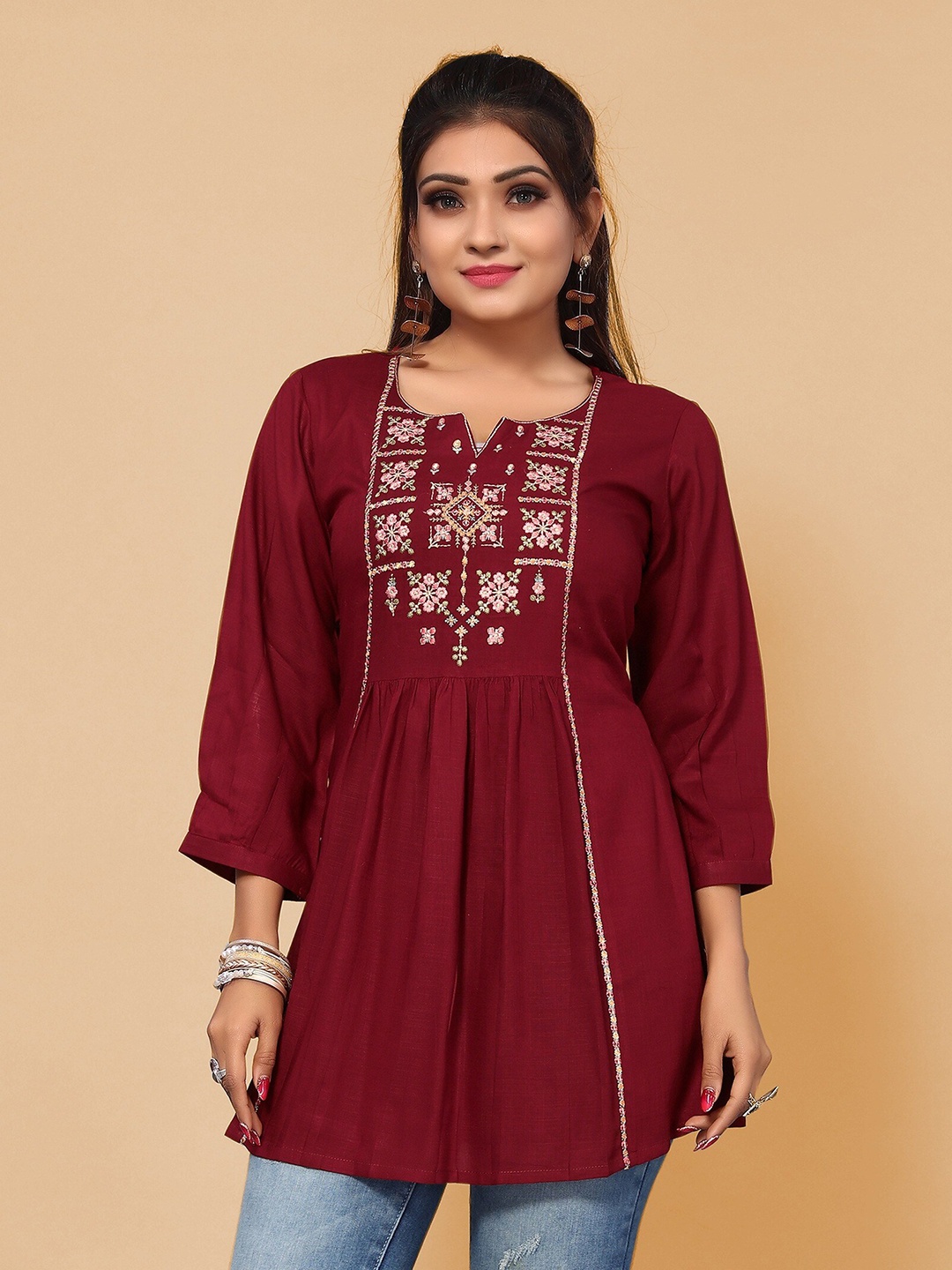 

KALINI Ethnic Motifs Embroidered Notched Neck Puff Sleeves Tunics, Maroon