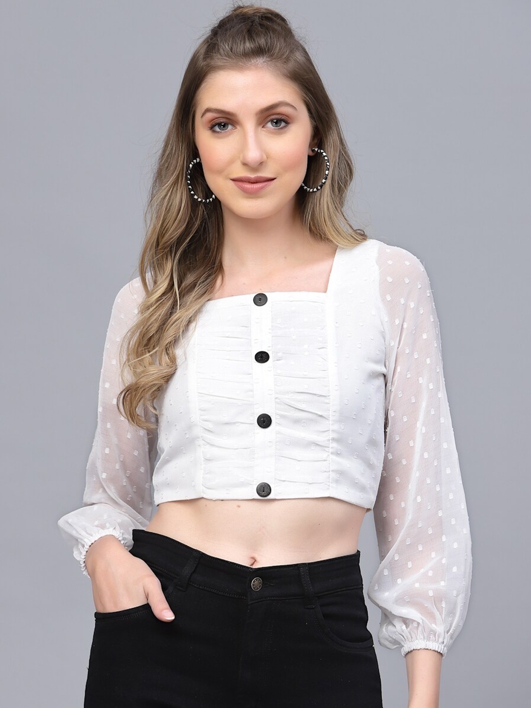 

Selvia Self Design Chiffon Dobby Fabric Crop Top, White