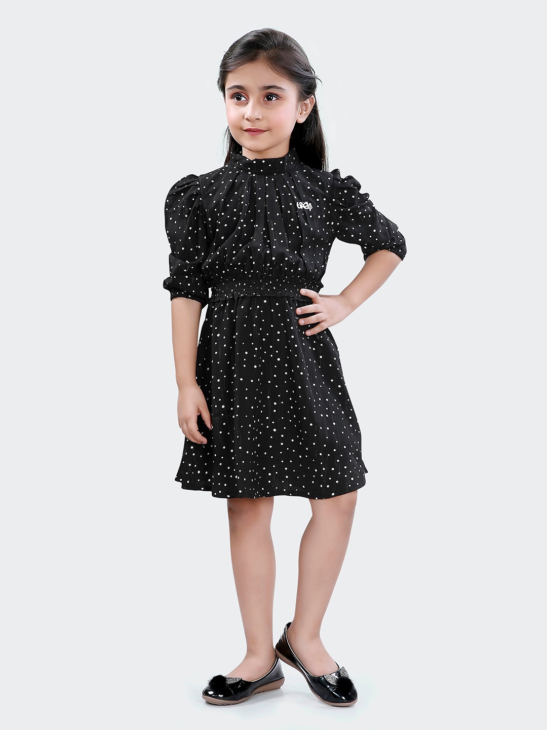 

Hunny Bunny Girls High Neck Puff Sleeves Polka Dots Printed Dress, Black