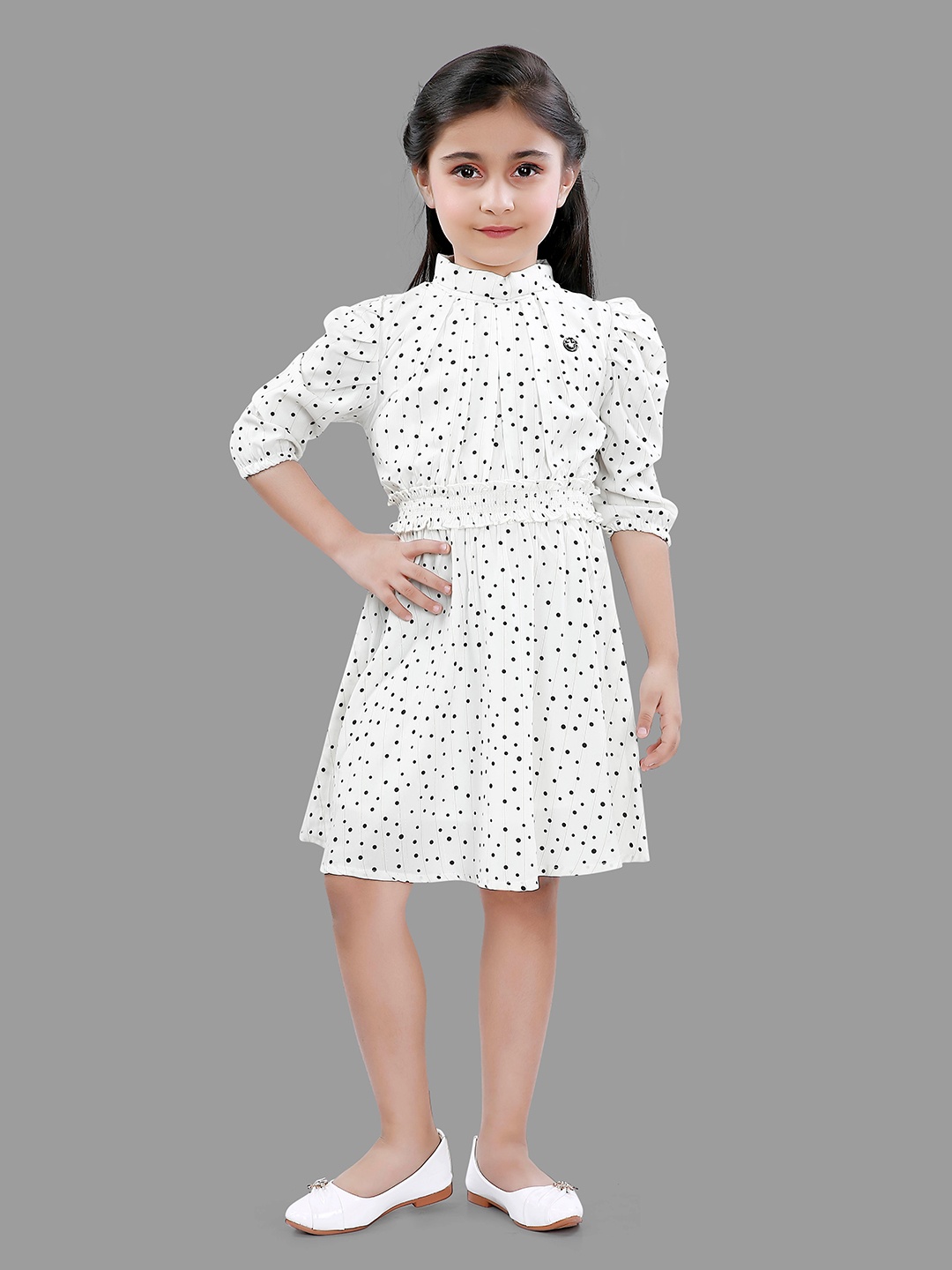 

Hunny Bunny Girls High Neck Puff Sleeves Polka Dots Printed Dress, White