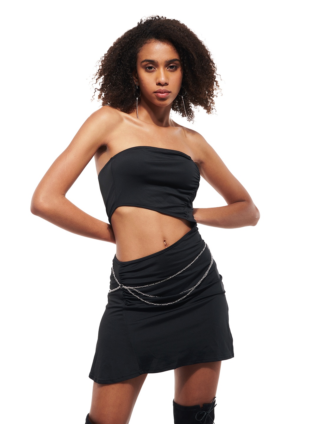

IZF Off Shoulder Cut Out Detail Ruched Sheath Mini Dress, Black