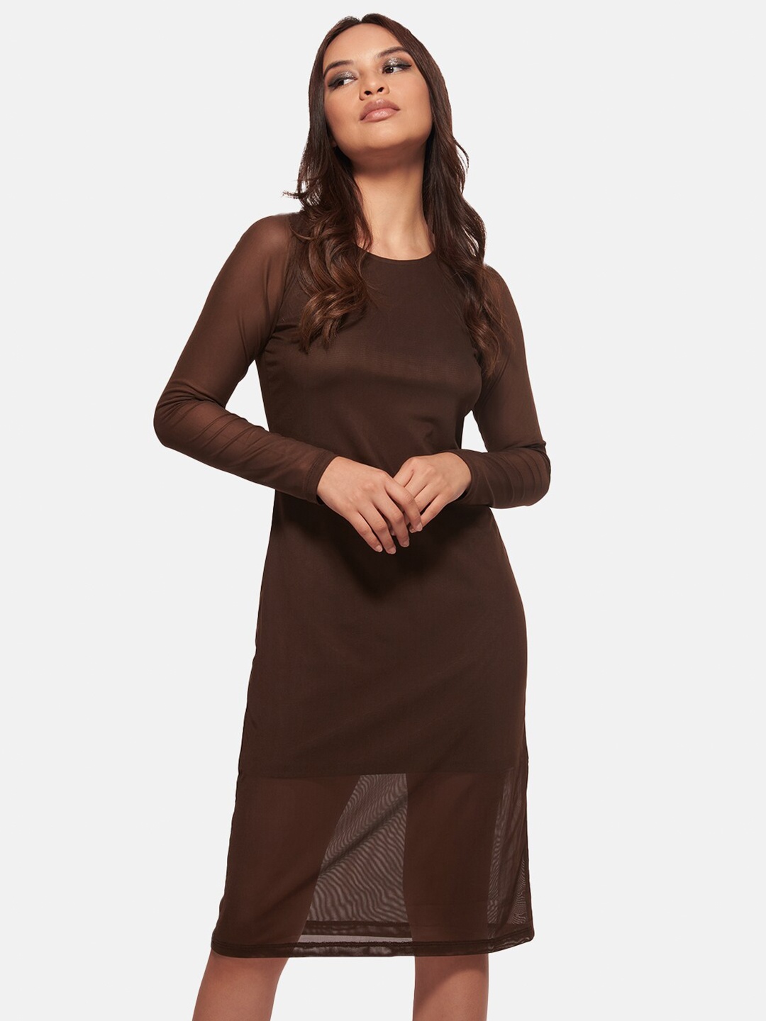 

IZF Round Neck A-Line Dress, Brown