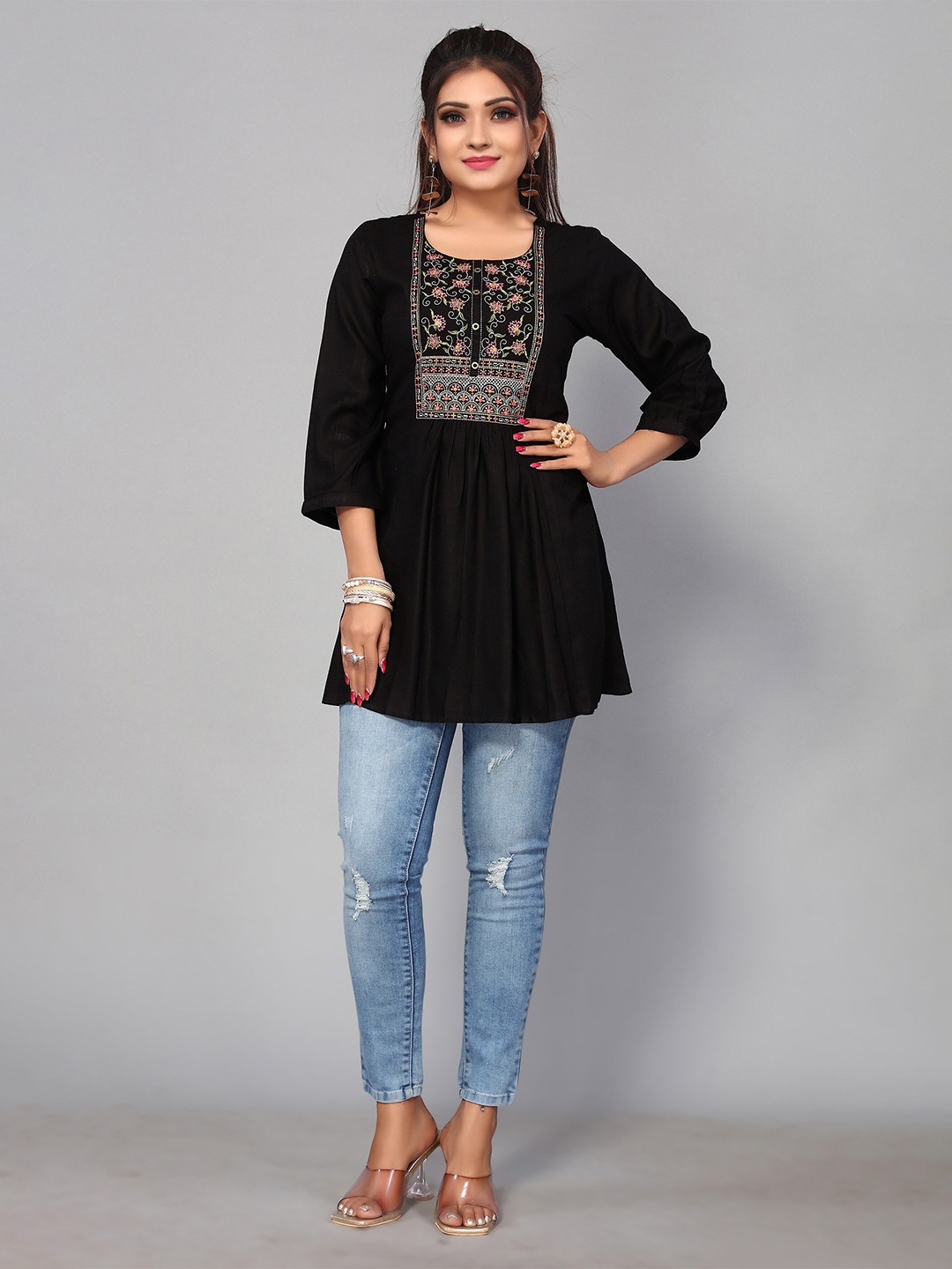 

Nimayaa Floral Embroidered Print Tie-Up Neck Top, Black