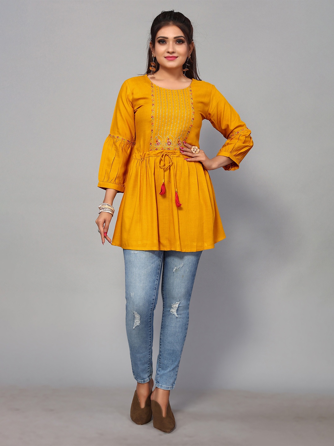 

Nimayaa Floral Embroidered Tunic, Mustard