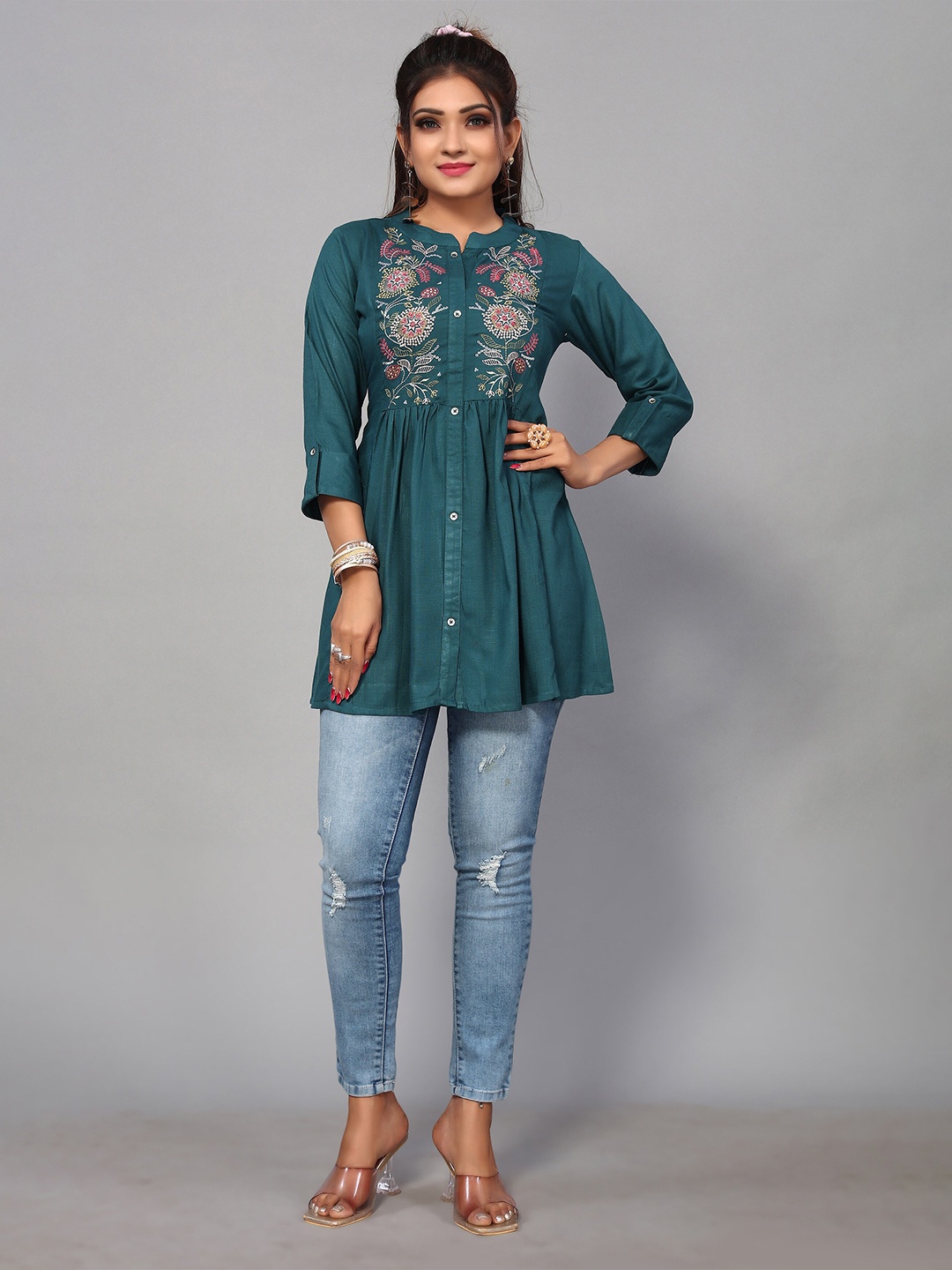 

Nimayaa Floral Embroidered Mandarin Collar Roll Up sleeves Tunic, Blue