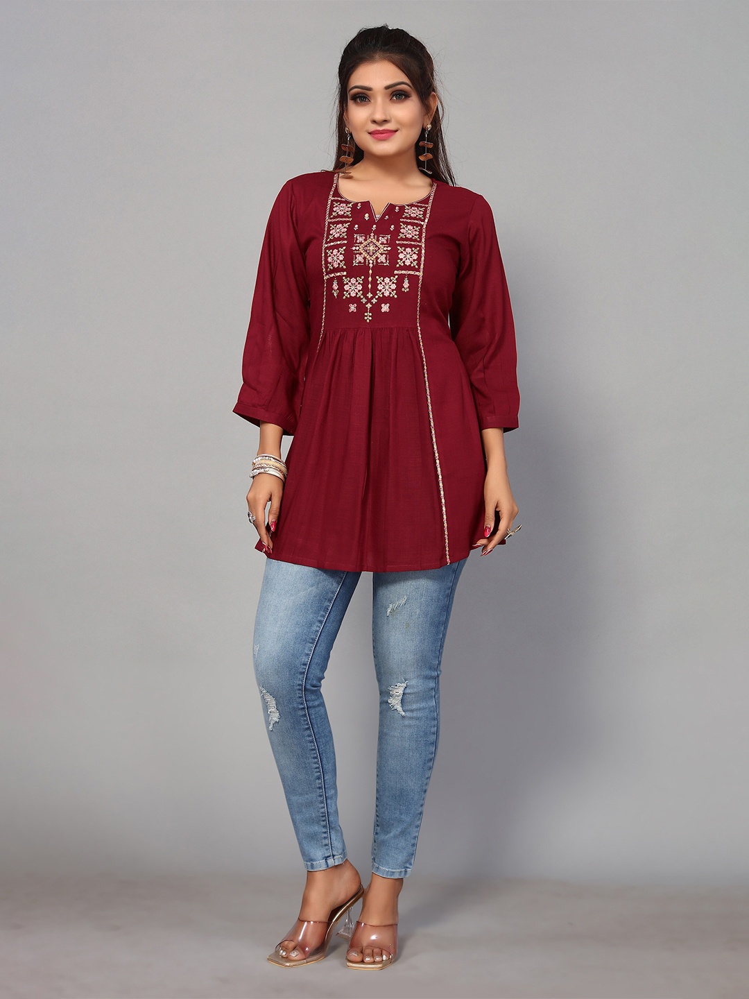 

Nimayaa Floral Embroidered Notched Neck Tunic, Maroon