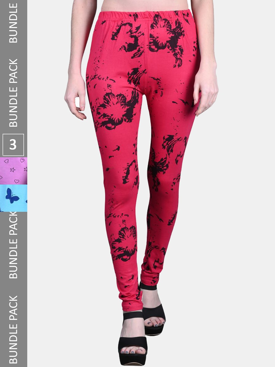 

FRENCH KLEIDER Girls Pack Of 3 Printed Pure Cotton Churidar Length Leggings, Magenta