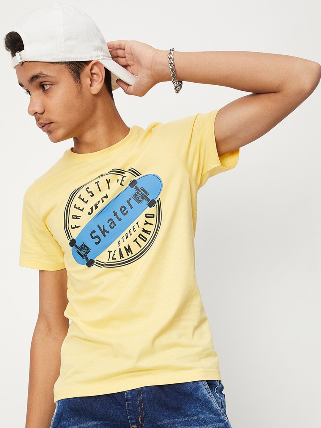 

max Boys Round Neck Typography Printed Cotton T-shirt, Yellow