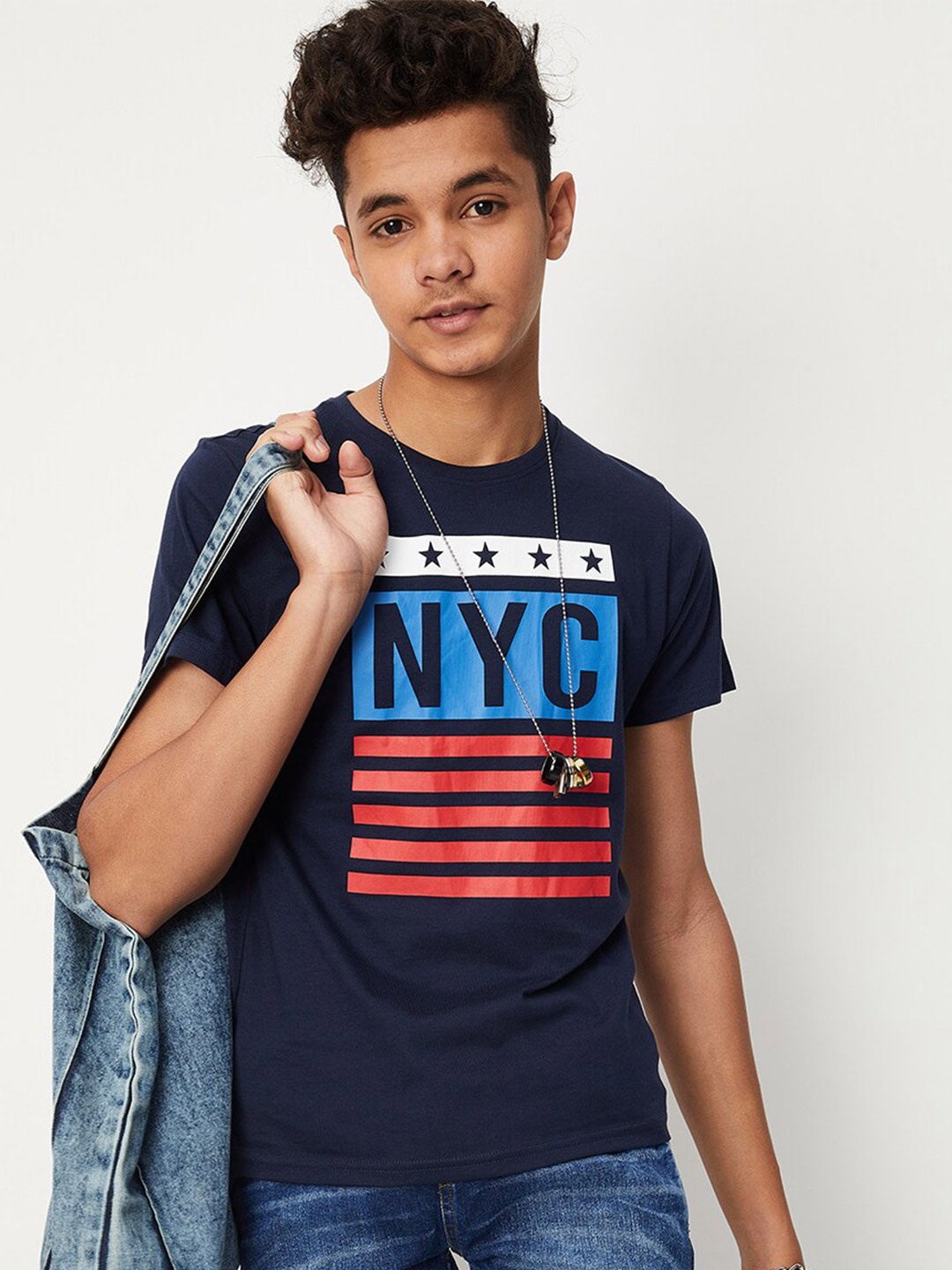 

max Boys Typography Printed Cotton T-shirt, Blue