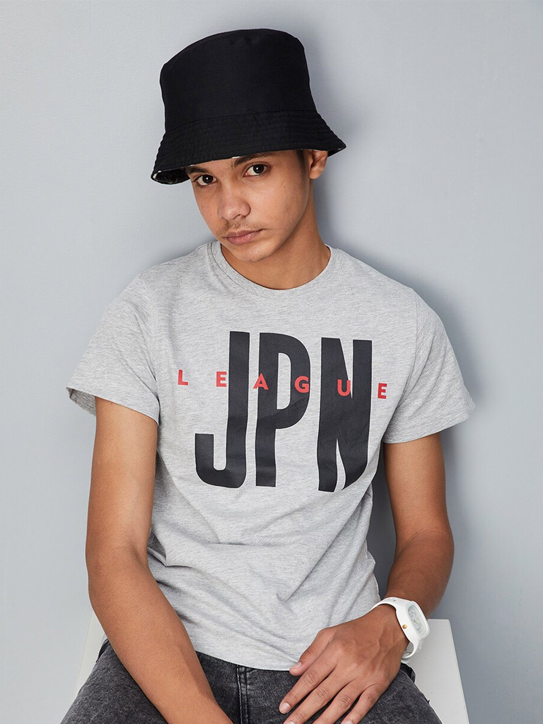 

max Boys Typography Printed T-shirt, Grey melange