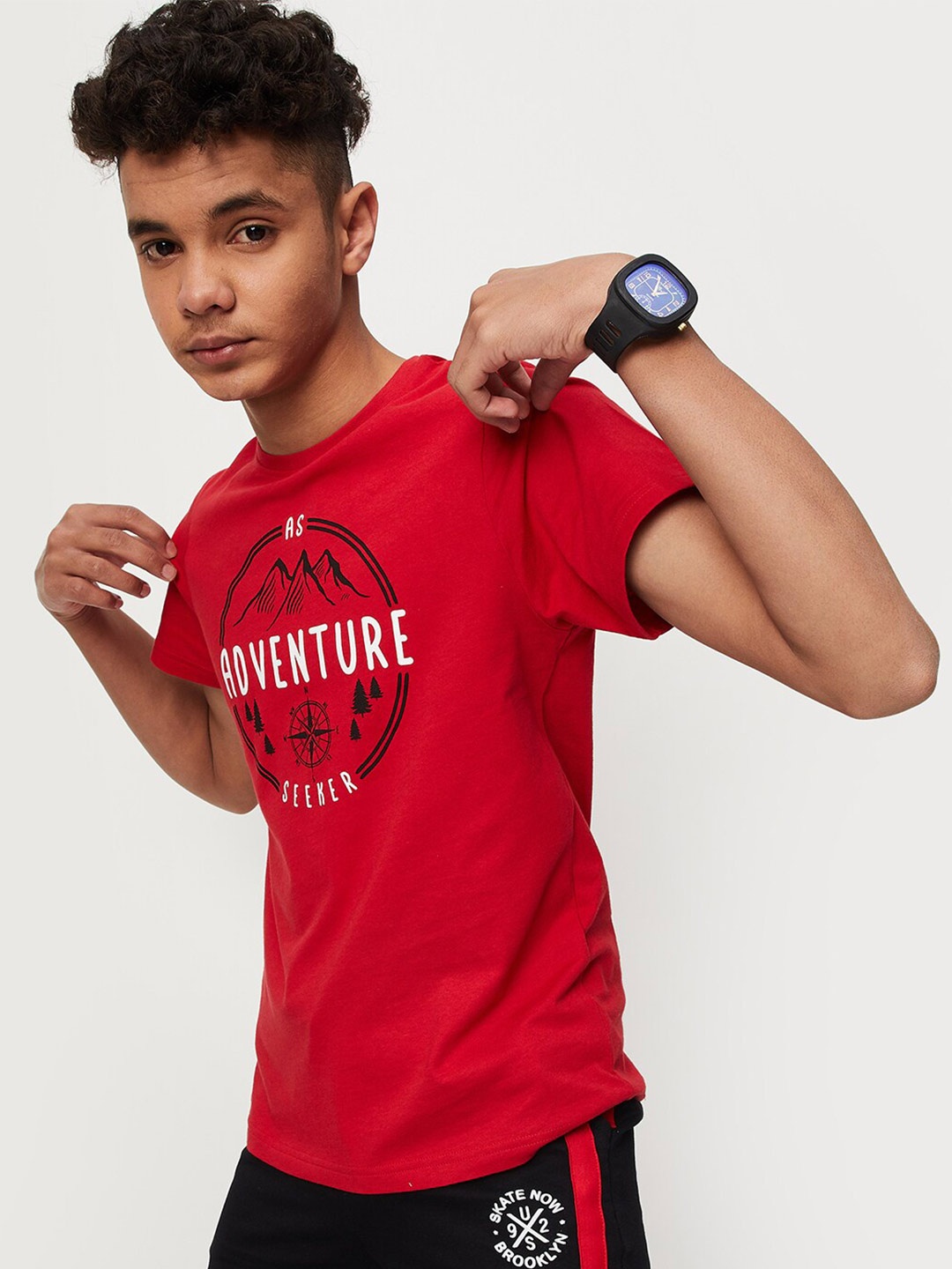 

max Boys Round Neck Typography Printed Cotton T-shirt, Red