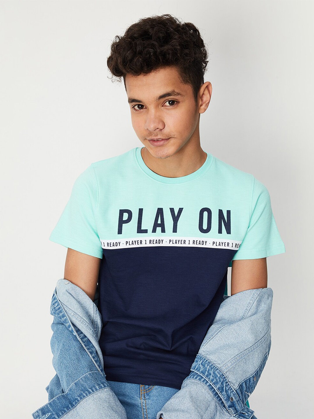 

max Boys Typography Printed Pure Cotton T-shirt, Navy blue