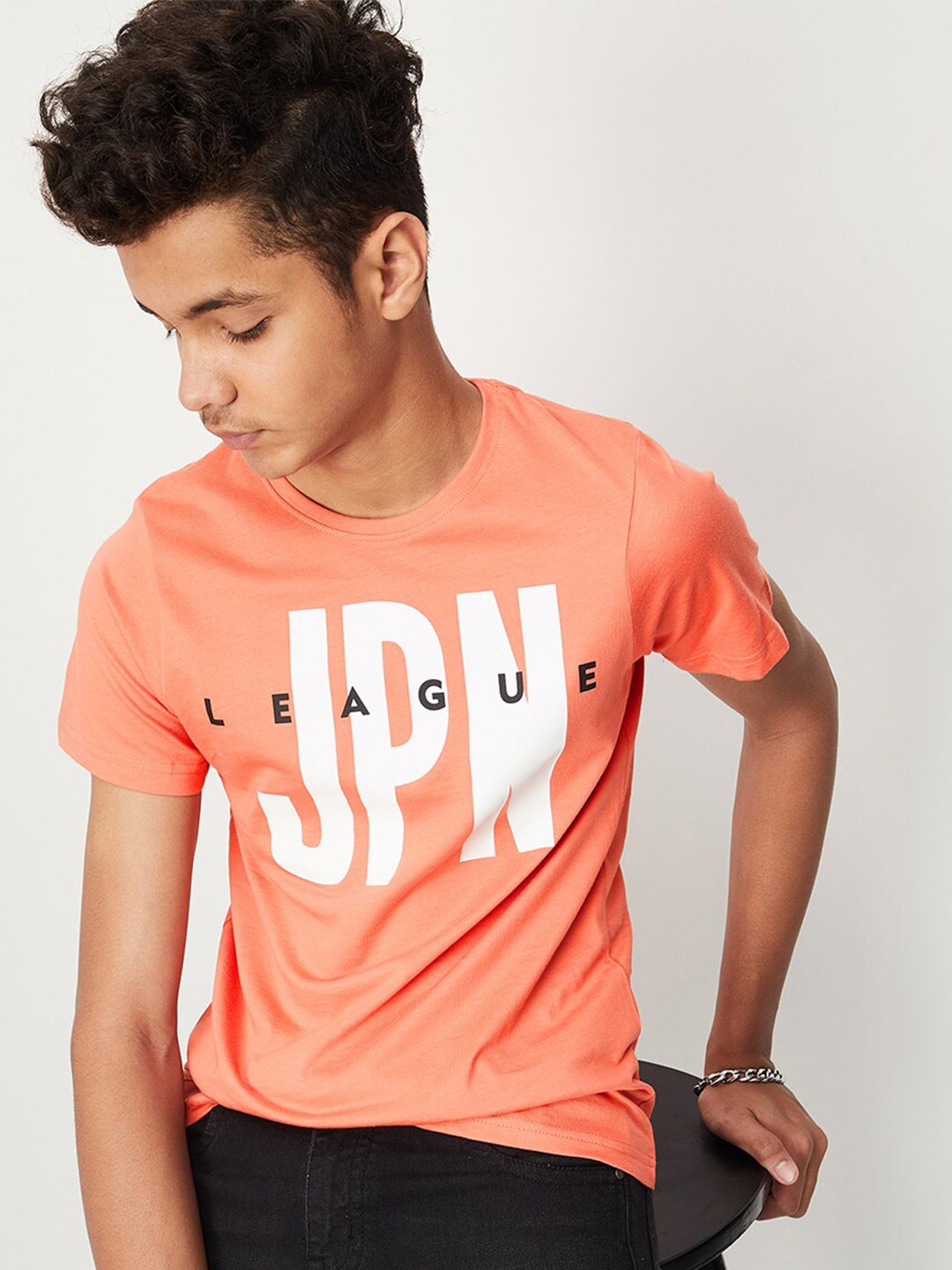 

max Boys Round Neck Typography Printed Cotton T-shirt, Orange