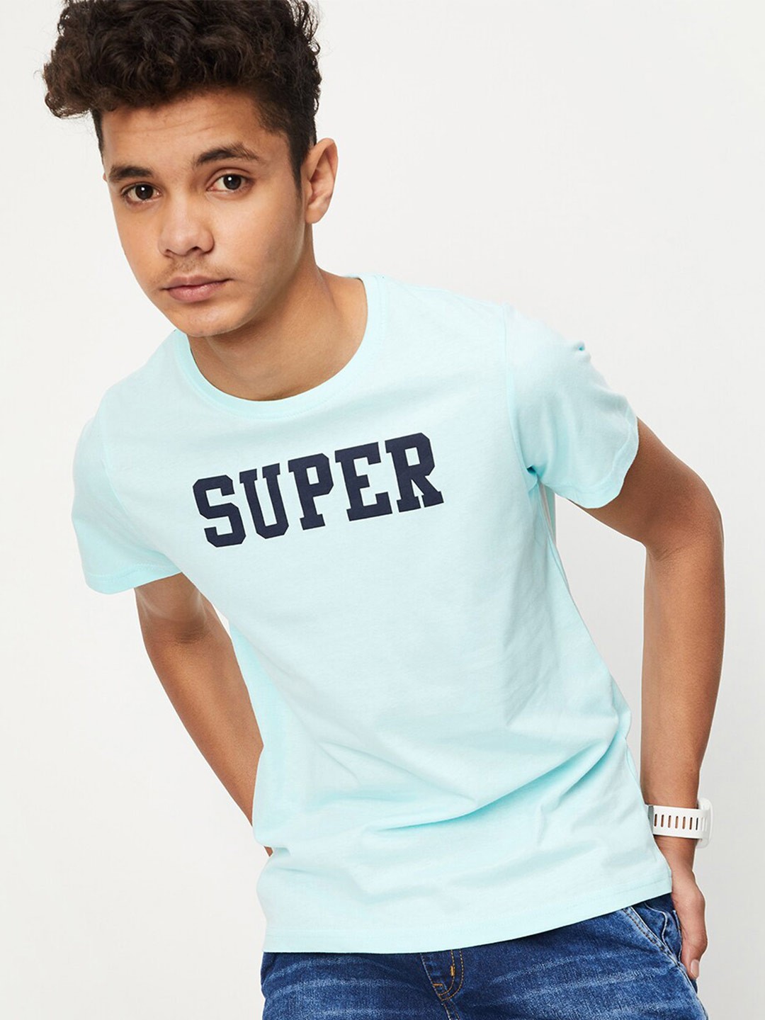 

max Boys Typography Printed Pure Cotton T-shirt, Blue