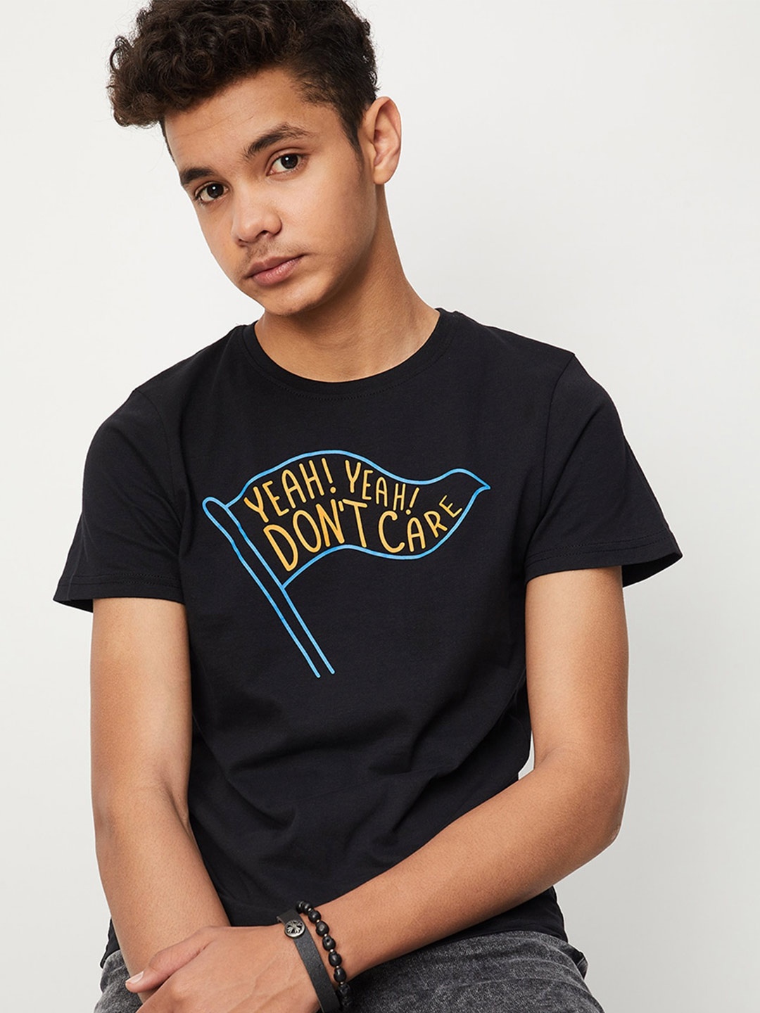 

max Boys Typography Printed Pure Cotton T-shirt, Black
