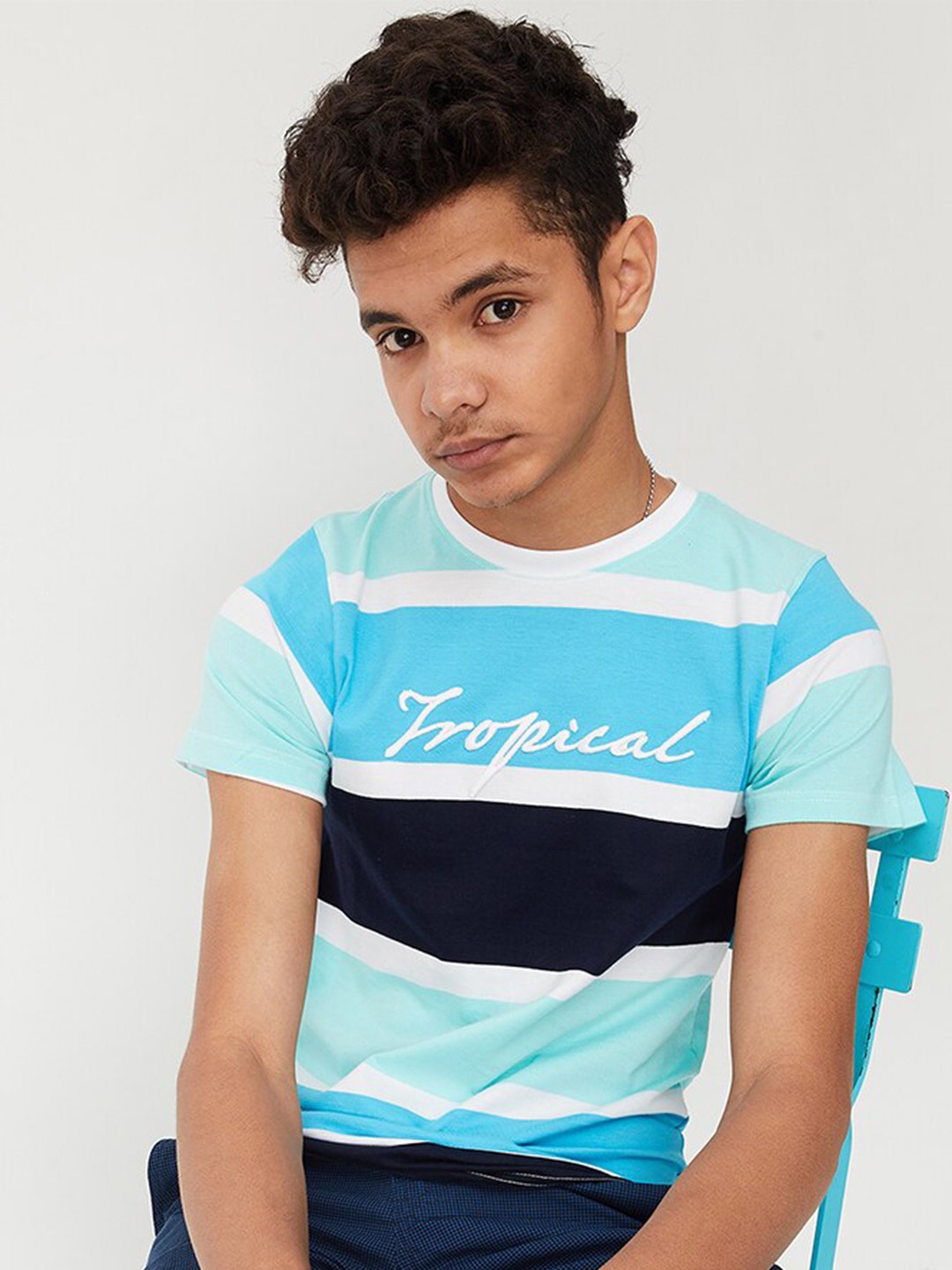 

max Boys Colourblocked Round Neck Pure Cotton T-shirt, Blue