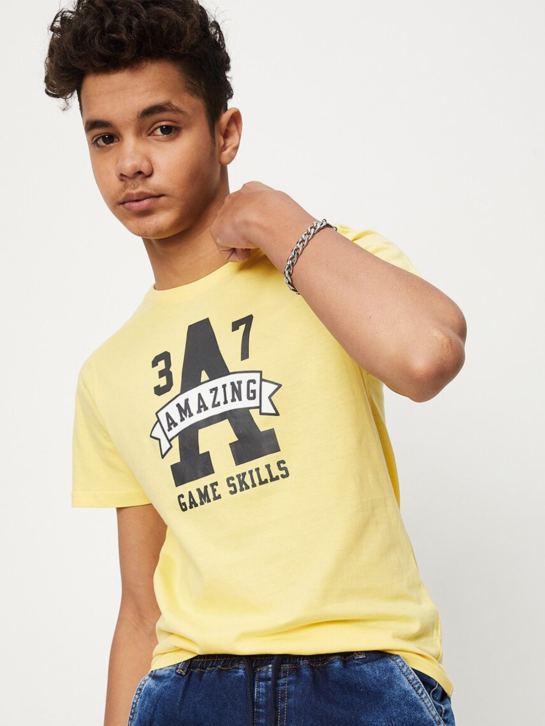 

max Boys Typography Printed Pure Cotton T-shirt, Yellow