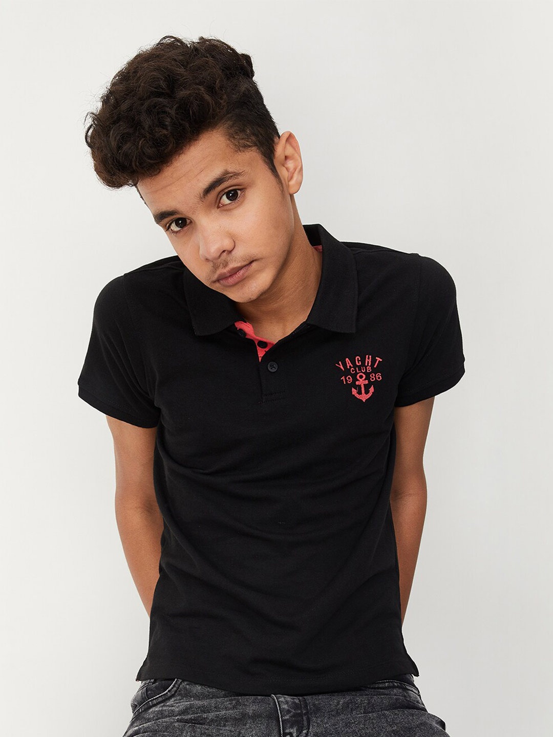 

max Boys Typography Printed Polo Collar Cotton T-shirt, Black