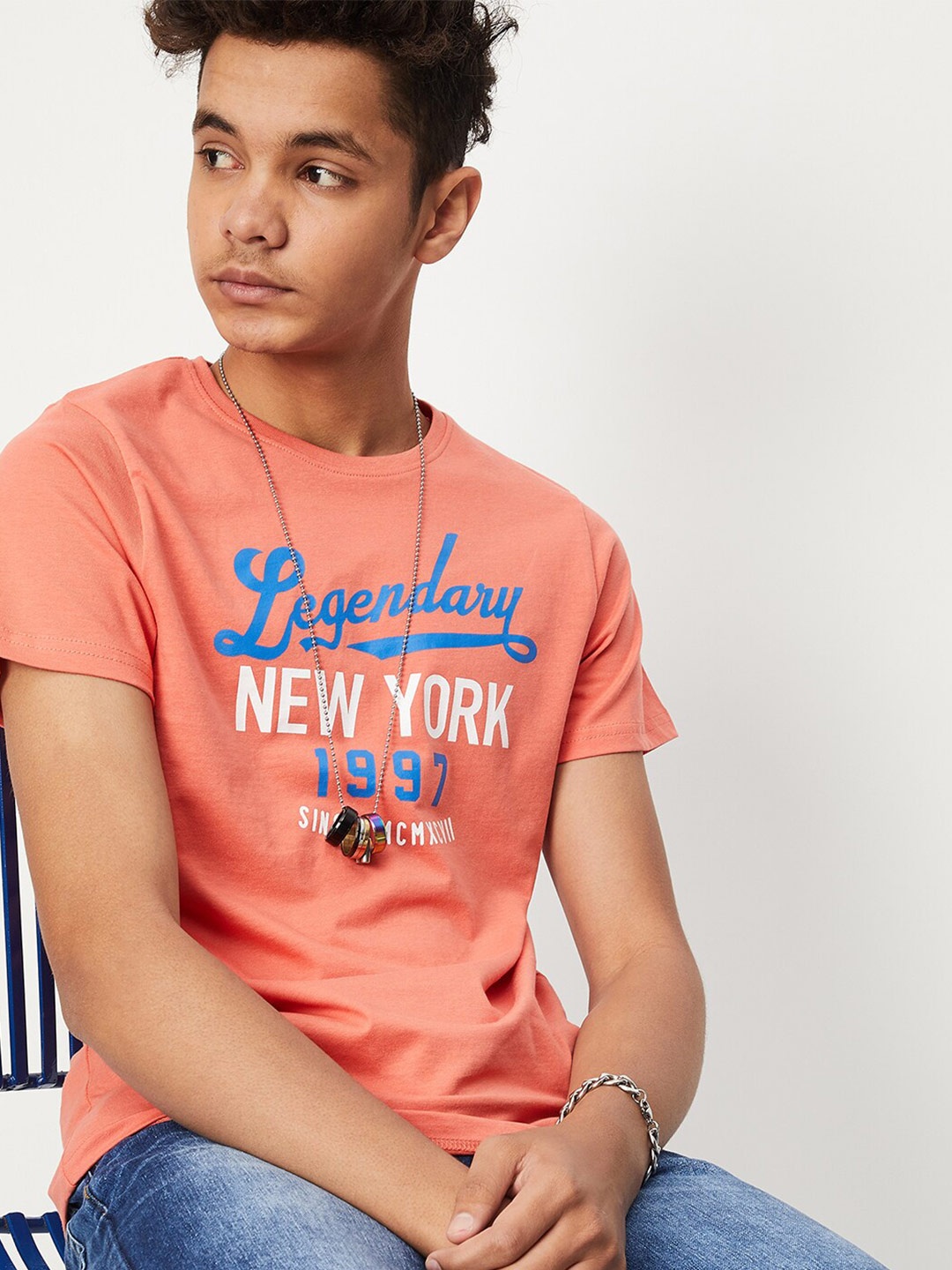 max Boys Typography Printed Pure Cotton T-shirt, Orange